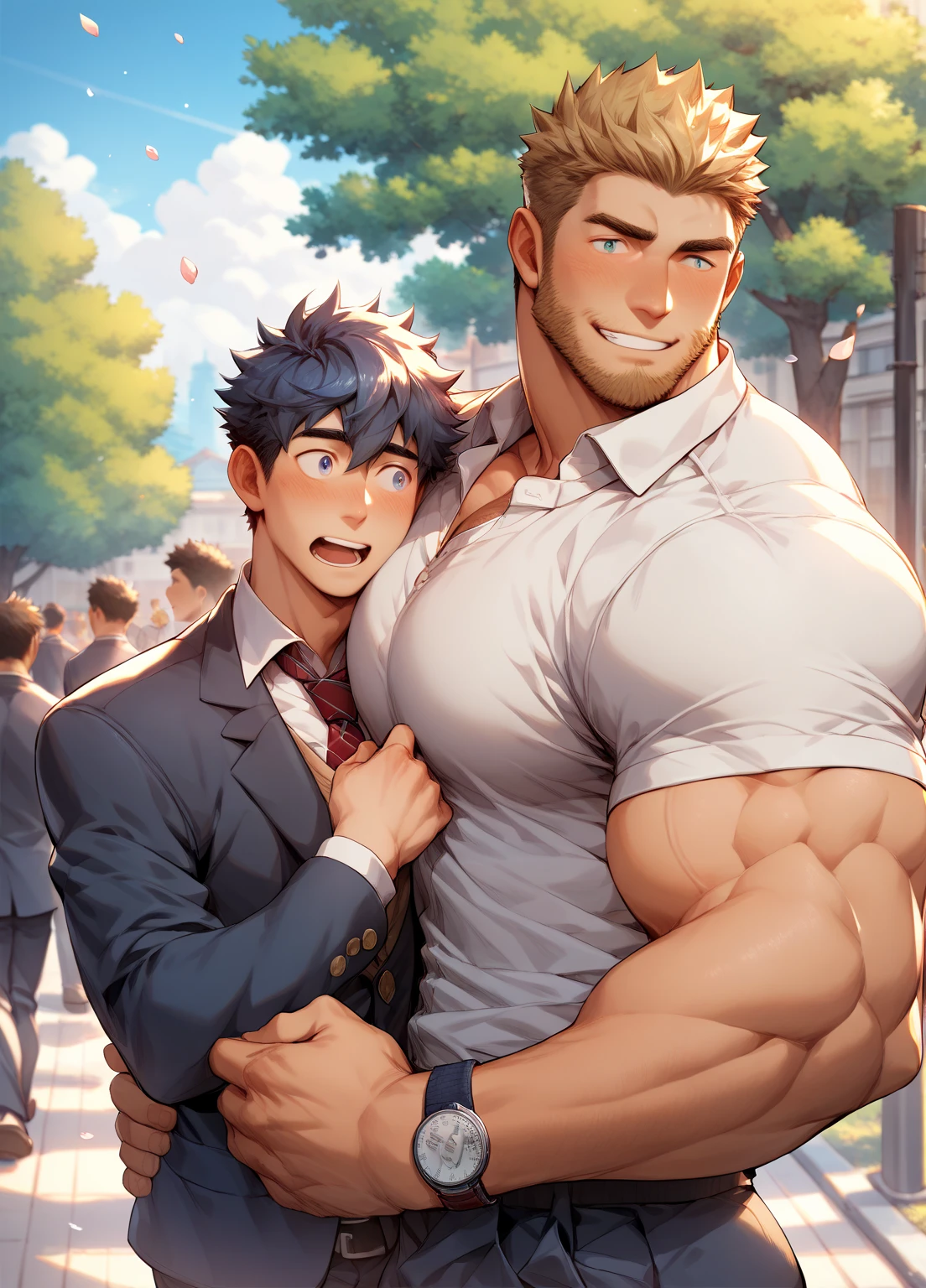 2 boys, school background, a tall and massive muscular stubble hairy manly man with huge pectorals and huge biceps and rock-hard abs and thick thighs is confessing his love to another short boy in front of his entire school, gay, blushing, school uniform, detailed, aura of love, size difference, height difference, hyper detailed, highly detailed, intricate details, background students, shock