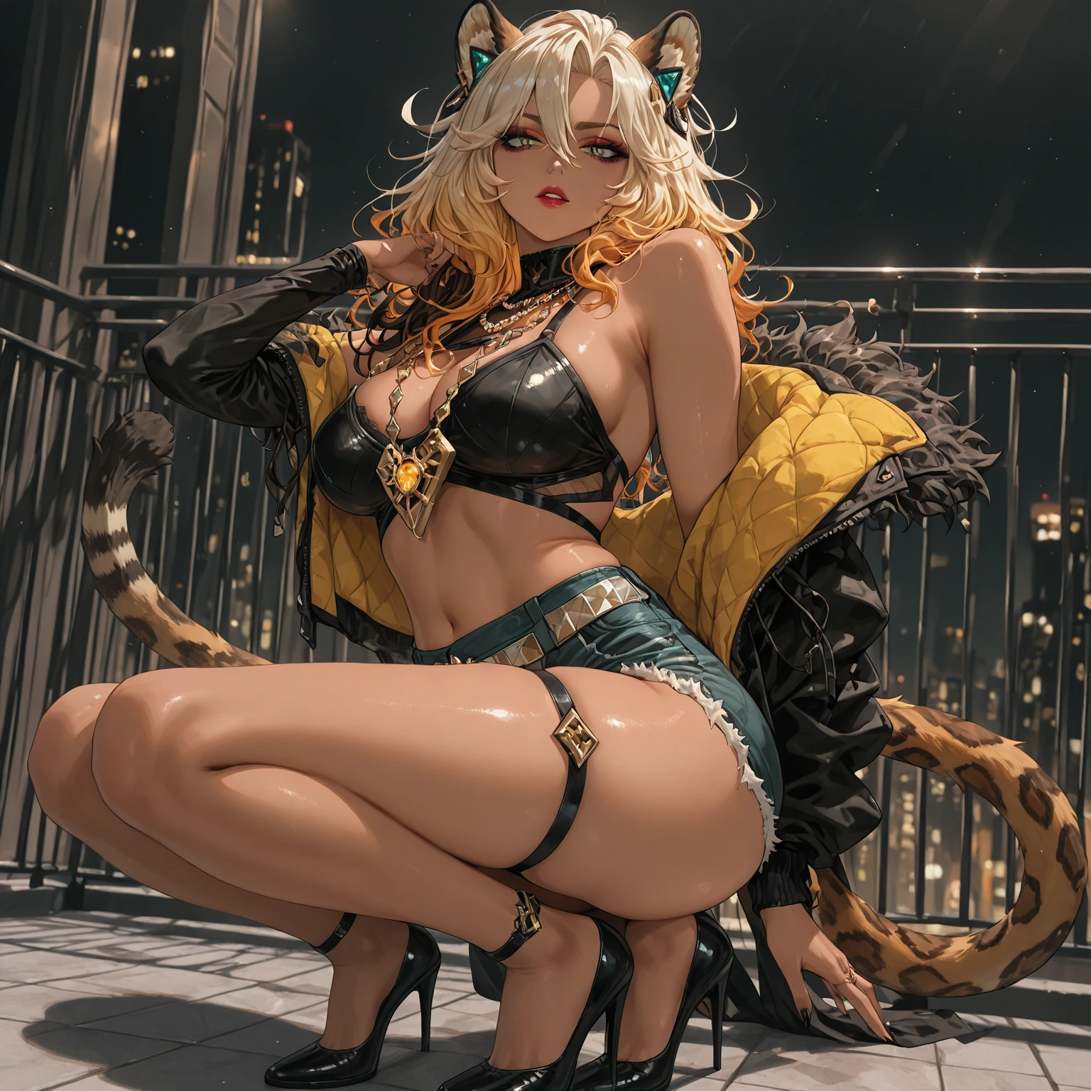 ((highest quality)), ((masterpiece)), (be familiar with), (High definition), 8K, (Accurate), (Realistic), Perfect Face, Cinematic, Best Shadow, (Complex:1.4), 2人のCat ear金髪女性, tall, Cat ear, Blonde Long Hair, Voluminous hair set, Big cleavage, Narrow waist, Big Ass, glamorous, Alluring, Bikini Protector、tactical suit、Combat Boots、Armament、Decadent future world, NEO TOKYO, Two people sitting on top of a large tank and drinking alcohol, (smile), Cherry Blossom Viewing, Cherry tree