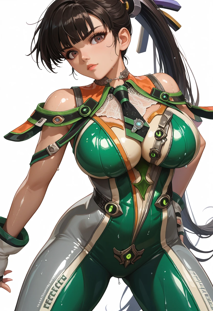The highest image quality、Exceptional detail、超A high resolution、(真实感:1.4)、The best illustrations、Favor the details、Highly condensed 1girl、looking at the viewers、with a delicate and beautiful face、full armor female solo、His body is covered in metallic green mecha.、Wearing a mecha helmet、Has a direction controller、Riding a motorcycle、The background is a high-tech lighting scene of a futuristic city。(Sharp Focus:1.2), Photo, attractive young woman, (Beautiful face:1.1), Detailed eyes, luscious lips, (smokey eye makeup:0.85), (large full breasts:1.7), (athletic bodies:1.5), Arafe woman solo with ponytail hair、Fitness Model、Five-fingered、thin and long legs,、red hairs、blue eyes、Fitness Body Shape、Pose ready to fight、Mischievous smile