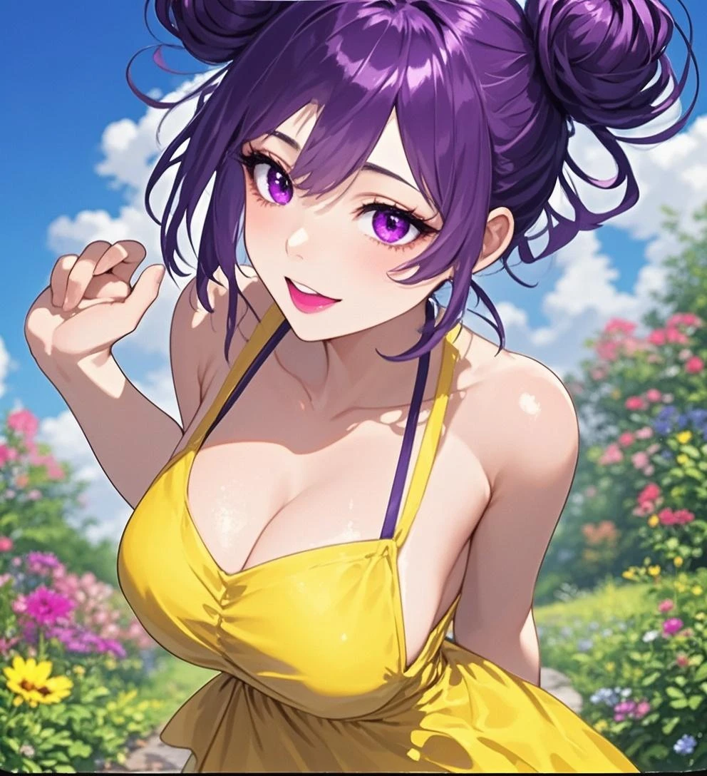 (best quality:1.1), (masterpiece:1.2), portrait, 1girl, yuzuriha_(jigokuraku), purple hair, brown eyes, ninja, open clothes, cleavage, small breasts, topknot, medium hair, breasts apart, white obi, smirk, outdoors, (blush:1.1), flowers (NSFW 1.5)
