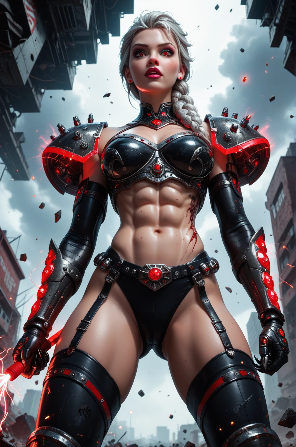 Crimson and black ink painting of katopunk as punk gothgirl, slim waist, toned, sexy, highly detailed, latex, fluid brush strokes, red tendrils, dispersion effect, fluid geometric pattern,  hexagons, ink splatter, perspective and horizon line