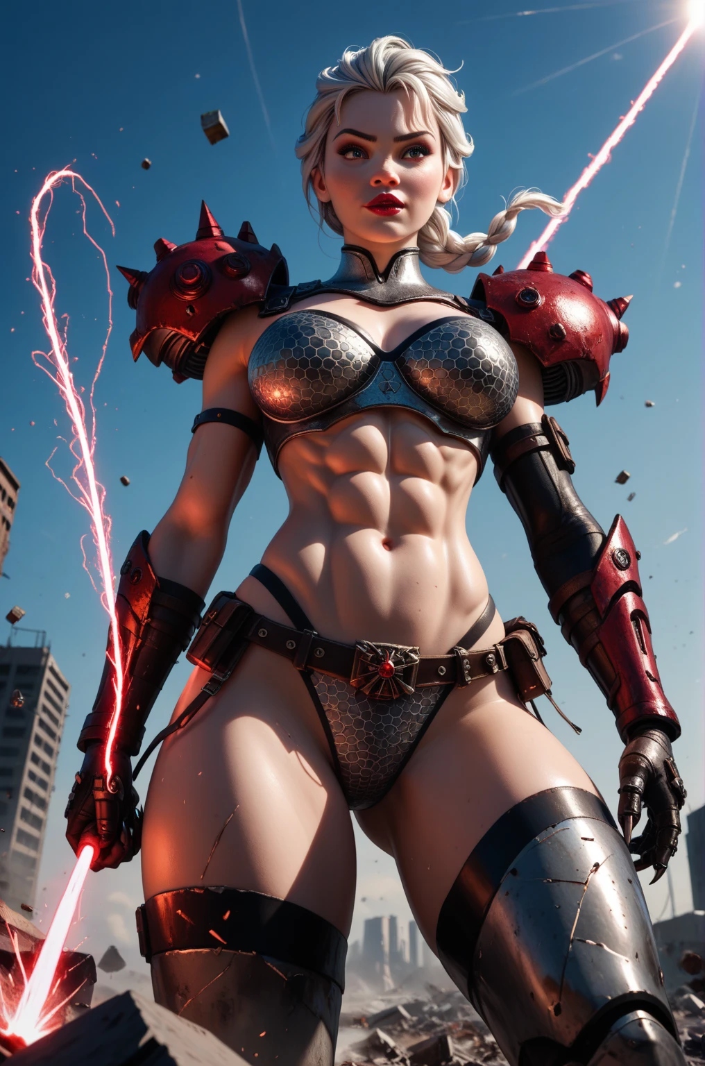 lightning strikes,Raby,fullmoon, destroyed city, female craters, athlete body, tatoo,High definition,ultra details