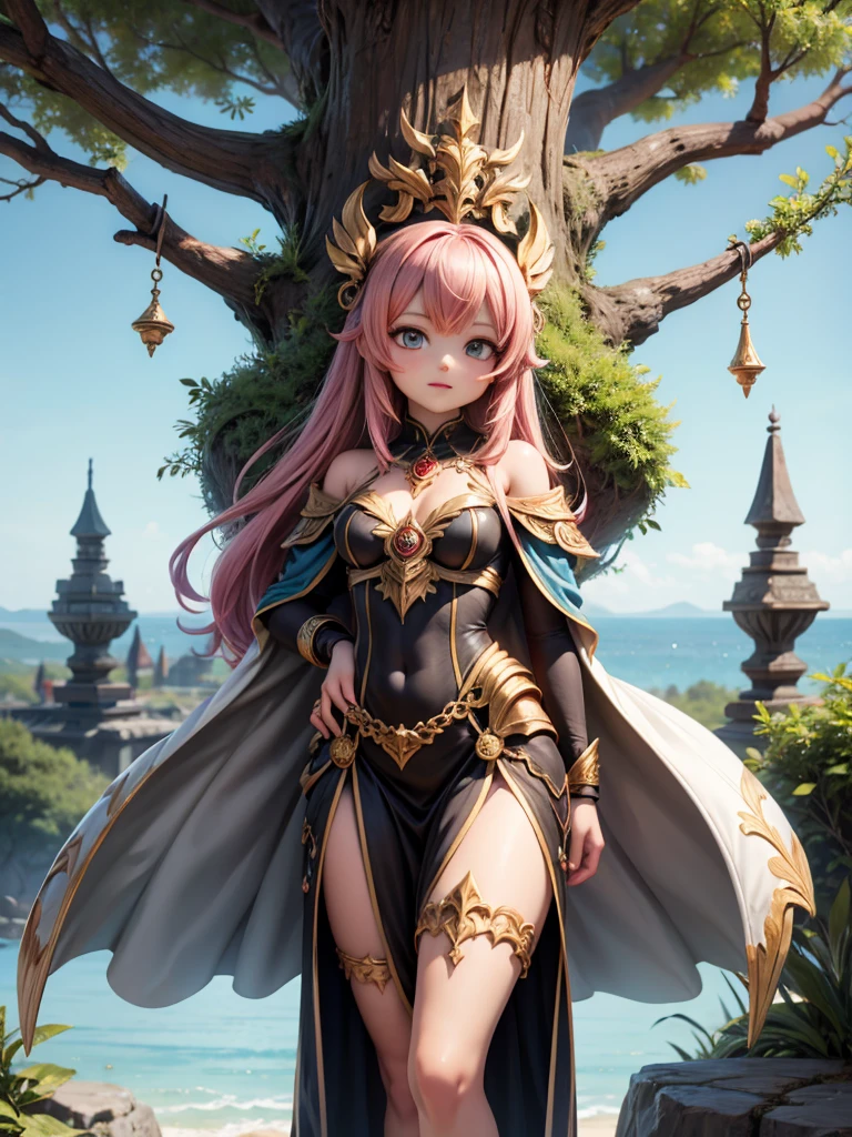 (8k, RAW photo, best quality, masterpiece:1.2), (realistic:1.3), (photorealistic:1.3), ultra-detailed, (high detailed skin:1.2), 8k uhd, dslr, soft lighting, high quality, film grain, Fujifilm XT3, best quality, beautiful lighting, 1girl, long hair, straight hair, hair on chest, (pink hair), pink eyes, high heels, smug, walking, full body, medium breasts,, exposed cleavage, outdoors, fantasy setting, skinny, thick thighs, fantasy outfit, elf ears, bdo style,
