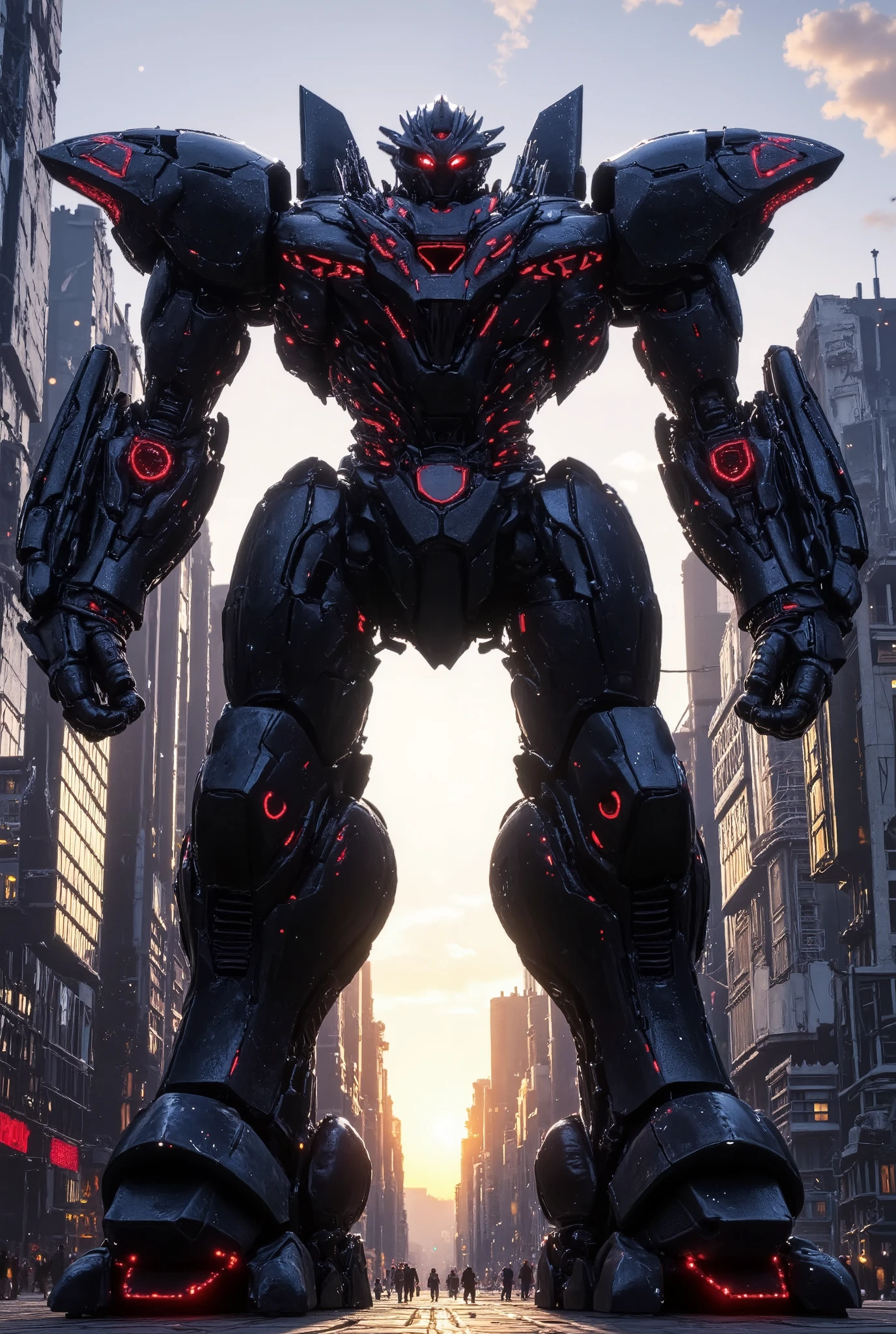 "A colossal military robot 100 meters tall, with a matte black body and bright red details. Its body proportion is vertically exaggerated (250%), creating an imposing and elongated silhouette. The perspective is from the bottom up, emphasizing its grandeur and power. The setting is a metropolis at dusk, with the sun setting behind the buildings and reflecting softly on the robot's black armor."