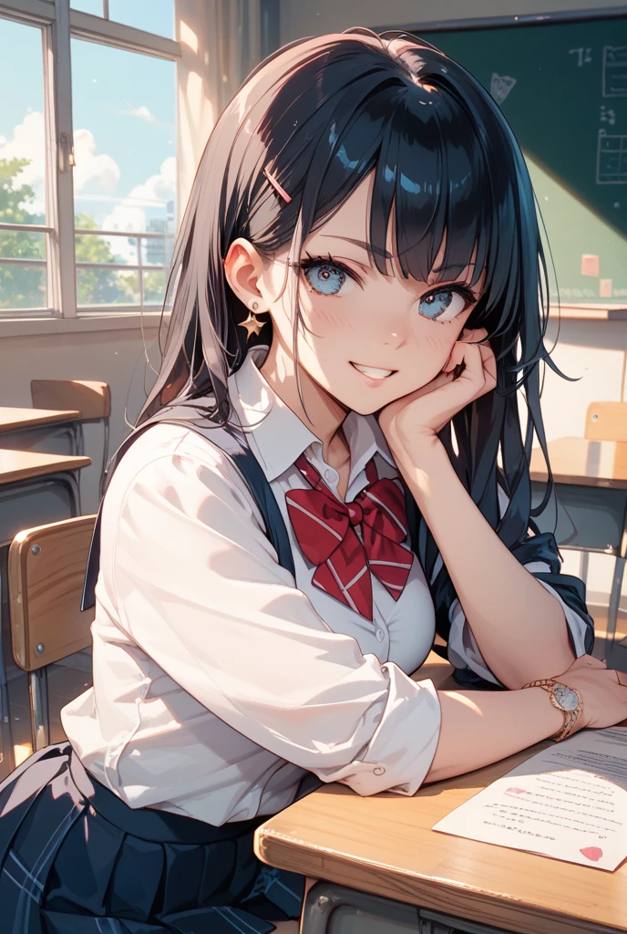 (extremely details CG、Unity、8K Wallpapers)、(extremely delicate and beautiful)、(masterpiece)、(top-quality:1.0)、(超A high resolution:1.0)、beautiful lighting、perfect lightning bolt、realistic shadow、Detailed skin、ultra-detailliert、detailed faces and eyes、Realistic eyes、Sharp pupils、Colossal tits、cowboy shot, Inside the classroom、Schools、Evening glow、beauitful face、blurry backround、16-year-old beautiful girl、shinny skin、Side Up、Beautiful black hair、Blunt bangs、Red Eye、a sailor suit、Pleated miniskirt、(Sit on a desk、Stand on one knee、Put your face on your lap:1.3)、(You can see pink panties:1.2)、Gentle smile、