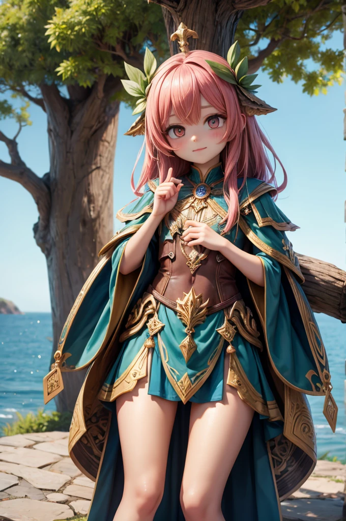 ((highest quality)), ((masterpiece)), (absurd detail), kukolnydom, doll, pink hair, green eyes, long hair, blunt bangs, (mature woman:1.8), solo, sitting, Indian style, golden bikini, navel, smile, open mouth, beach, 8k