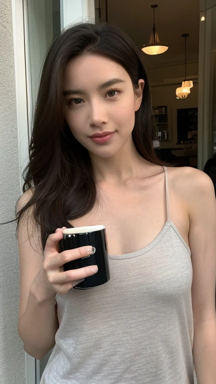 8K、top-quality、masterpiece、超A high resolution、a picture、beautiful female、Elegance、There is a good、Transparent atmosphere、Beautiful face、Gradient lighting、1girl in、Delicate skin、Look into the distance、Brown-eyed、(breasts are large:1.0)、(realisitic:1.4)、(top-quality:1.0)、(超A high resolution:1.0)、8K、Raw photography、(masterpiece:0.2)、(pureerosface)、Rib Knit Fit Dress、halterneck、The neck design is a halter neck、Tight silhouette、Mini Dresses、want me、Take your eyes off、stick out buttocks、Ass big、Kinda chubby、chubby figure、Bangs shed to the side、organize your hairstyle well、Put your ears out、Futomo、erect through、lean against the wall、Holding a coffee tumbler in your hand、to stand、Leaning against the wall、smil、There is a distance between the eyes、Moist beauty、s Office、aisle、Clean walkways in the office、(nsfw:1.5),