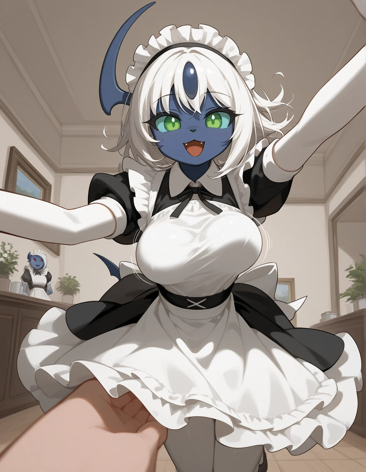 score_9,score_8_up,score_7_up, anthro female absol, blue sclera, green eyes, pov, medium ??????, pov,  Love particle, standing,  wearing maid clotches,maid clotches,maid uniform, seductively worth it (closeup face), Tight clotches, ????, ???? on front her face, ???????, ???????, ???, ??? ob face, seductively worth it (closeup face), blue face skin, shy smile, excited, bouncing ??????, incom, imminent kiss, one closed eyes, facing viewer, parted lips,from above, cowboy shot, blushing, head tilted up, about to kiss viewer, head facing viewer, head up, outdoors, close up, portrait, kissing face, soft lips, lips focus, kiss focus,