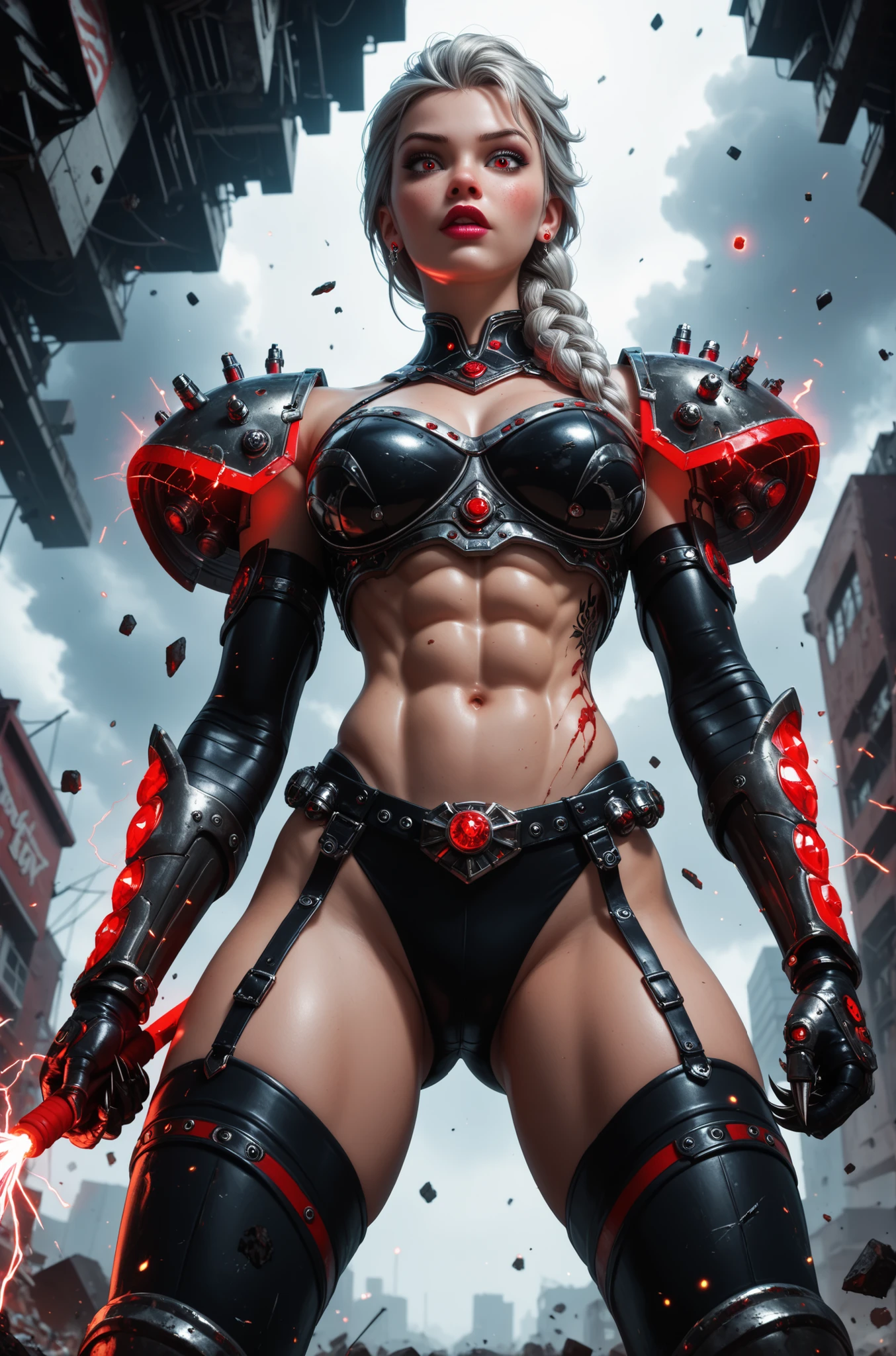 Visualize an intense, high-energy scene where a futuristic warrior woman with bronze skin, full lips, and platinum hair cascading over her left eye battles a colossal, Doomsday-inspired monster with rugged, scarred skin, razor-sharp claws, and glowing red eyes. The setting is a post-apocalyptic wasteland filled with shattered skyscrapers, thick smog, and pulsating neon lights that illuminate her symmetrical geometric tattoos—black lines, dots, and tribal patterns mapping energy channels, healed wounds, and pressure points across her back, abs, and thighs. She wears sleek black metallic armor with electric-blue accents, elbow-length gloves, and wields a crackling energy whip, frozen mid-combat in a dynamic stance amid flying debris, explosive light bursts, and swirling dust. Render in hyper-realistic style with dark fantasy undertones, vibrant contrasts (blackened metal, crimson blood, neon blue), intricate textures on armor, creature details, and environmental effects, all captured from a low cinematic perspective to amplify the epic scale of the clash between raw power and apocalyptic destruction.