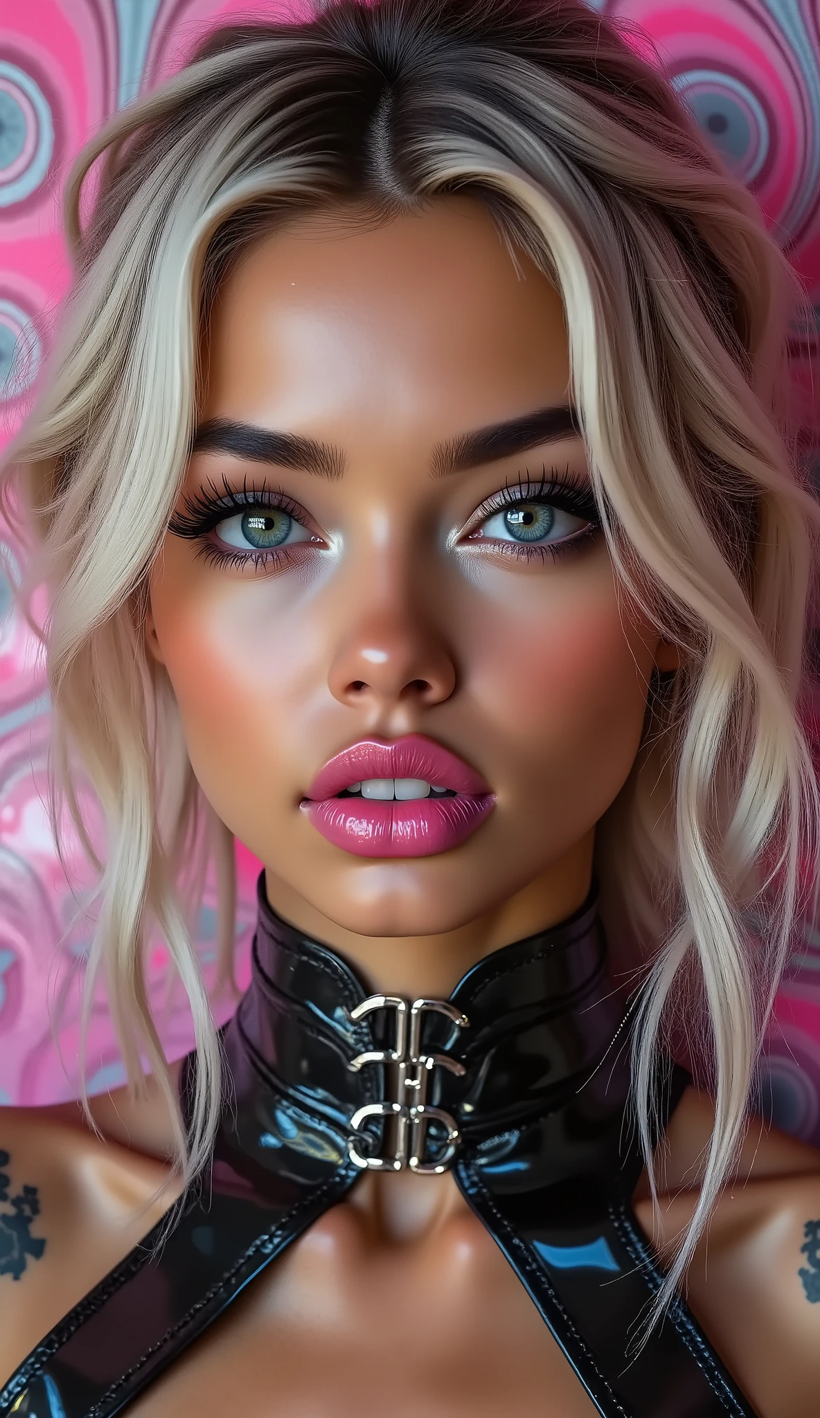  [Style: "masterpiece, realistic, (photo realistic Realism), ultra-detailed, Hyper high resolution"](Key Directive: - ("The priority is the anatomical accuracy and texture of the materials" - "Ultra-sharp human eyes with biological accuracy") { "Eyes: (acid-resistant terminology) (macro-details:1 . 5): * Moist corneal surface (visible aqueous layer:1 . 2) * Hyper-detailed iris stroma ((brown) with gold flecks) * Precise limbal ring (slightly darker pigmentation:1 . 22) * Pupil micro-texture (irregular edge authenticity:0 . 9) * Vasculature in sclera (subtle red veins radiating from limbus)" - "Lashes: blue individual synthetic fibers (crosshatched roots:1 . 2 , clump-free separation)" Technical Specs: (Optics: - "Zeiss Otus85mm f/1 . 4 lens (eye refraction calculations:1 . 3)" - "Shutter Speed:1/500 (freeze eye micro-movements)" - "Focus Stacking:7-point coverage on iris plane") (Post-Processing: - "Frequency separation for skin vs eye details" - "Selective sharpening: eyes200% , hair80%" - "Denoise: luminance20 , color35 (retain corneal speculars)") (Avoid: "pupil distortion , uncanny valley asymmetry , plastic-like wetness") ((beautiful western model:1.8)),(photorealism: 1.4),( hot girl brown skin),(complex and realistic skin texture:1.4), {{"[dynamic pose,((portrait full body view)), 25yo, skinny, ((Honeycomb latex outfit:1.15)) "((latex bra:1.4))" blue orange latex harness choker intricated ,complex thin laces stomach harness, tied up,arms tattoo,((micro skirt)), garters,angelic cute face,white teeth, perfect beauty, long eyelashes, ((neon pink lips)), oiled skin,((psychedelic background,voronoi backround)), hyper realistic and detailed face, ((no blur sharp focus on all body))]"}} 