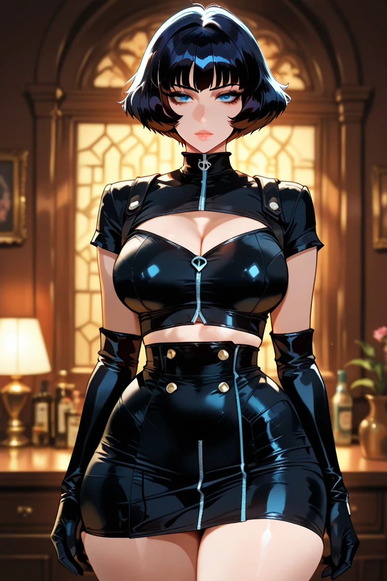 (Epic Showcase Designs in Detail)(Masterpiece, Best Quality, Ultra High Resolution , Digital Art,Beautiful and Aesthetic )Perfect proportions of the body , not an ordinary perspective . ( One Fashionable adult girl with a short oblique bob, slender figure, ) in modern suit in professional performance ,  long tie , (silk thick threads of red color connect the necklines on the sides of the whole suit) , . The character sits on a large massive leather  sofa  , an interesting and atmospheric pose ,( 2.5D style  . realistic anatomy , beautiful perspective . Best image quality , pastel color , focus on the face  , well detailed eyes , detailed background in modern boudoir style . )