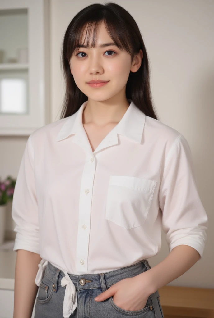 masterpiece, best quality, ultra quality, high quality, realistic, photo realistic, warm lighting,natural lighting,cinematic lighting,RAW photo, hyper detailed, intricate detailed, perfect anatomy, Fujifilm XT3,1girl,Japanese,(slender abs:1.3), hairy pussy,camel toe, Black semi-long twin braids, (from front:1.1),(look at camera:1.1),smile,(blushing:1.3),teary eyes,(standing:1.2),bedroom,(mideum shot),Glasses,(smile),(no bra,braless:1.3),(wearing collared white blouse:1.3),(wearing striped panty:1.3),(wearing tartan check skirt:1.3),braless,