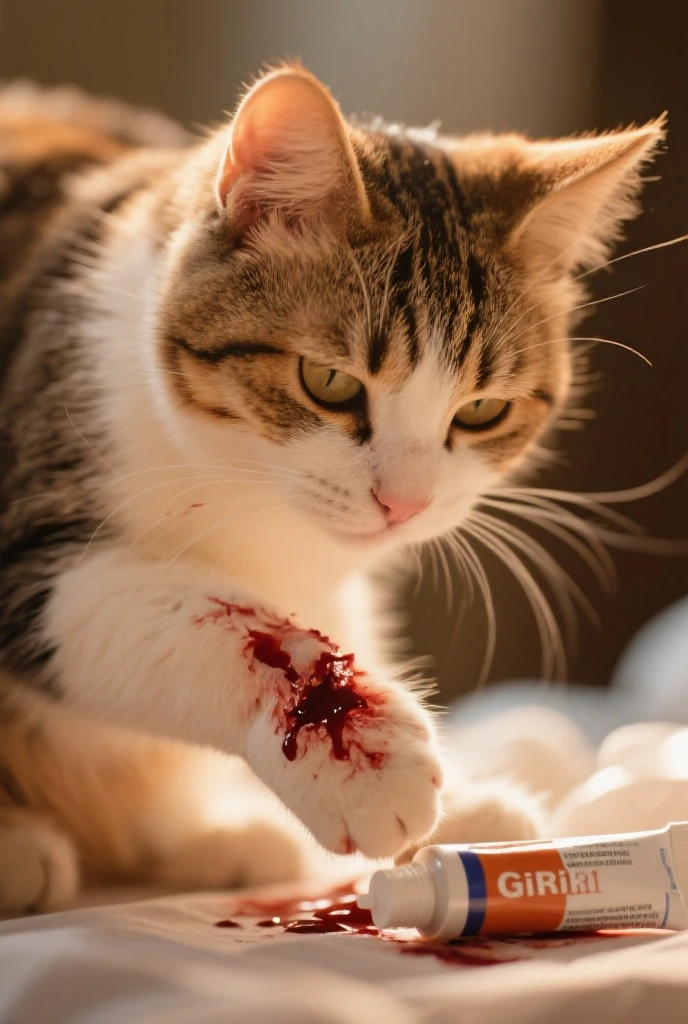 Close up of black and white cat inside a house behind a bloody tongue on the ground