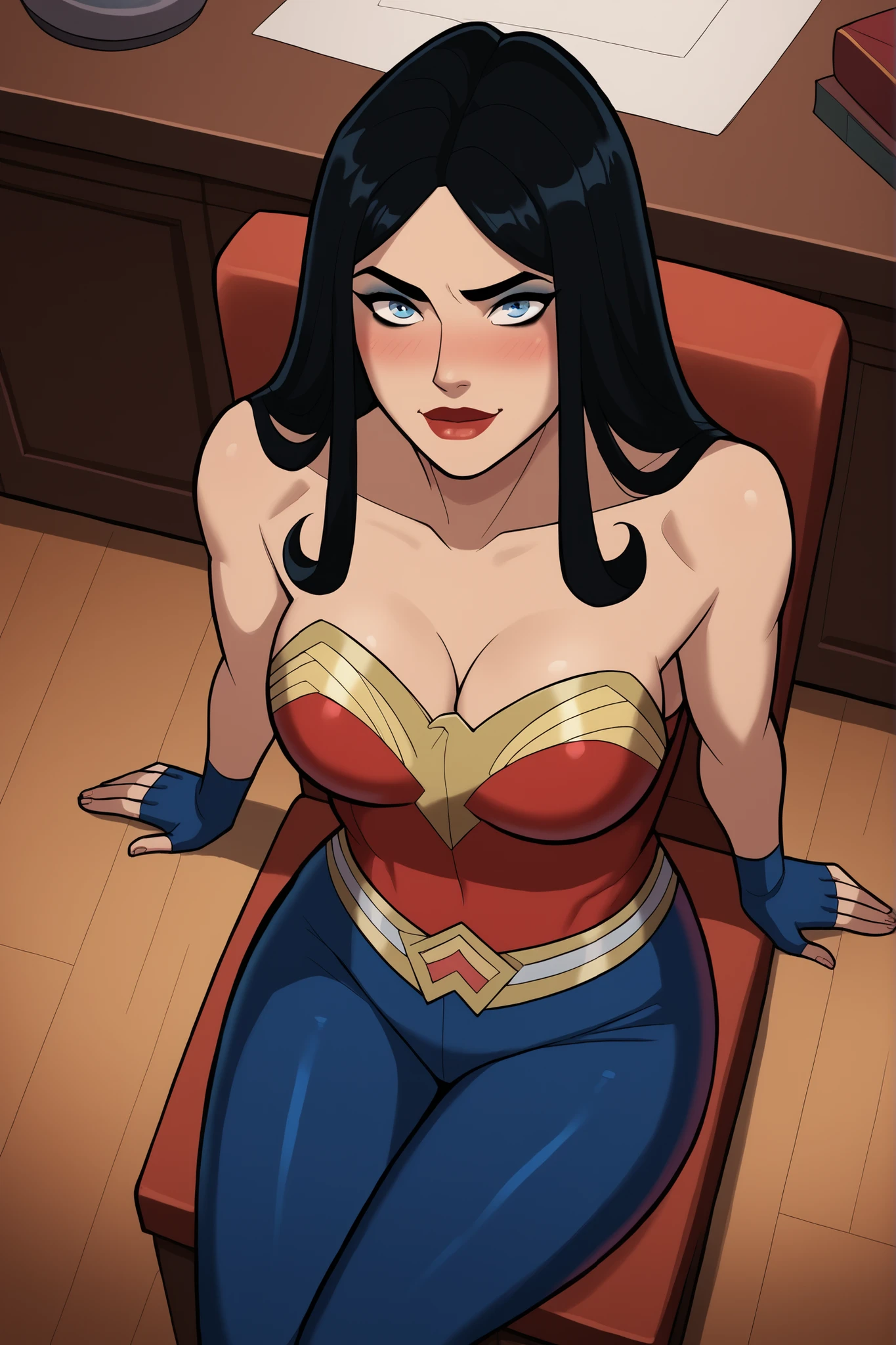 safe_pos, score_9, score_8_up, score_7_up, score_6_up, BREAK, solo, 1girl, wonderwoman, long hair, black hair, blue eyes, large breasts, cleavage, curvy, athletic, smile, closed mouth, bedroom eyes, sultry expression, looking at viewer, wide hips, lipstick, makeup, red latex bustier, blue latex pants, blue latex fingerless gloves, indoors, bedroom, high-angle view, sitting in chair, blush, blue eyeshadow, black mascara