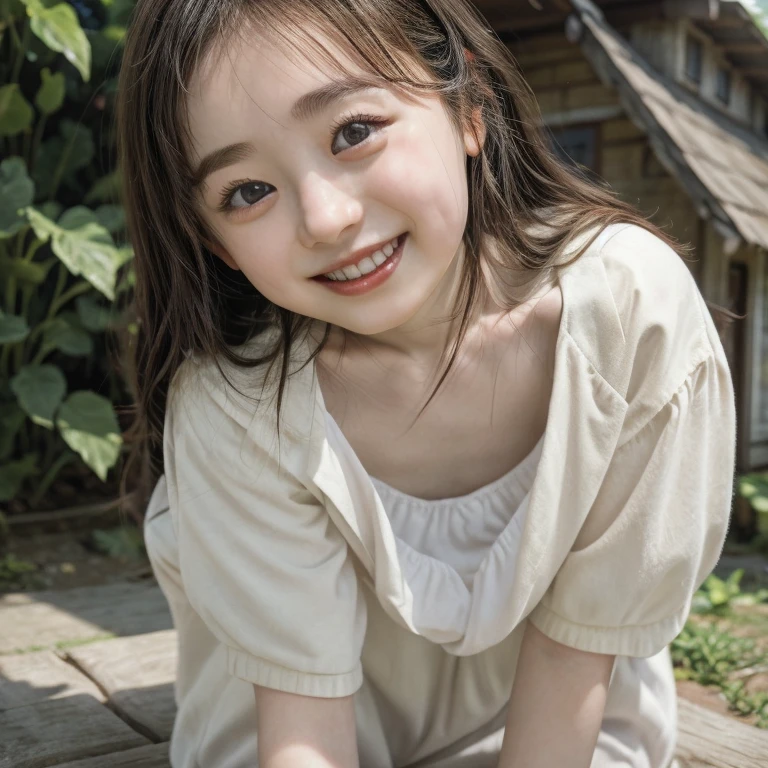 Japanese,Beautiful ,Baby Face、Upper body image、Ultra-flat chest:1.85、Ultra short height、An innocent smile、Flat Chestのクローズアップ、Flat Chest:1.85、cute,Primary school students,Primary school studentsの私服、Summer clothes、So small and so young、On the bed:1.85、She has her arms open wide waiting for a hug:1.85