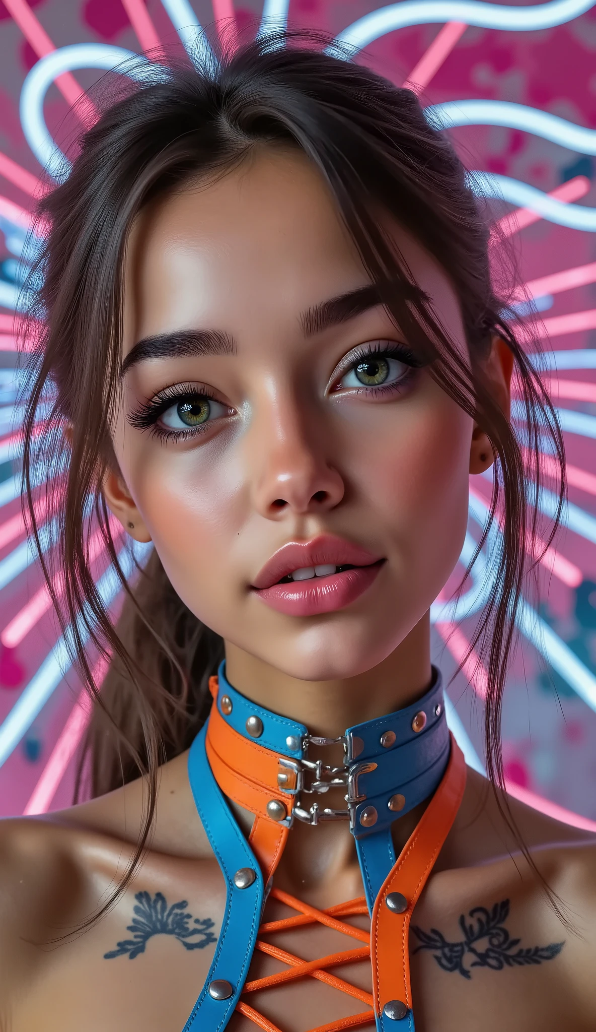  [Style: "masterpiece, realistic, (photo realistic Realism), ultra-detailed, Hyper high resolution"](Key Directive: - ("The priority is the anatomical accuracy and texture of the materials" - "Ultra-sharp human eyes with biological accuracy") { "Eyes: (acid-resistant terminology) (macro-details:1 . 5): * Moist corneal surface (visible aqueous layer:1 . 2) * Hyper-detailed iris stroma ((brown) with gold flecks) * Precise limbal ring (slightly darker pigmentation:1 . 22) * Pupil micro-texture (irregular edge authenticity:0 . 9) * Vasculature in sclera (subtle red veins radiating from limbus)" - "Lashes: blue individual synthetic fibers (crosshatched roots:1 . 2 , clump-free separation)" Technical Specs: (Optics: - "Zeiss Otus85mm f/1 . 4 lens (eye refraction calculations:1 . 3)" - "Shutter Speed:1/500 (freeze eye micro-movements)" - "Focus Stacking:7-point coverage on iris plane") (Post-Processing: - "Frequency separation for skin vs eye details" - "Selective sharpening: eyes200% , hair80%" - "Denoise: luminance20 , color35 (retain corneal speculars)") (Avoid: "pupil distortion , uncanny valley asymmetry , plastic-like wetness") ((beautiful western model:1.8)),(photorealism: 1.4),( hot girl brown skin),(complex and realistic skin texture:1.4), {{"[dynamic pose,portrait full body view, 25yo, skinny, Honeycomb latex outfit "((latex bra:1.4))" blue orange latex harness choker intricated ,complex thin laces stomach harness, tied up,arms tattoo,((micro skirt)), garters,flat chest,angelic cute face,white teeth, perfect beauty, long eyelashes, ((neon pink lips)), oiled skin,(psychedelic background,voronoi backround), hyper realistic and detailed face, ((no blur sharp focus on all body))]"}} 