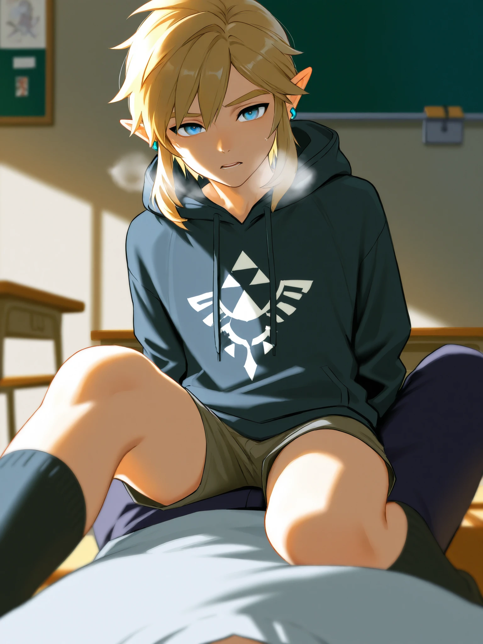 (Masterpiece), (Best Quality), ((Highly Detailed)), Link from botw, medium hair, blond hair, blue eyes, blue earrings, full body, male, boy, at home, lying on a sofa, horny, bulge in the crotch, 4k, 8k, anime style