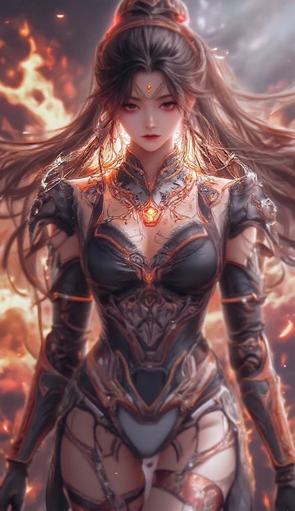 (8k, highest quality, masterpiece, final fantasy style: 1.2), (Realistic, photoRealistic: 1.37), Super detailed, One Girl, {black mage imbued with light}, Wide viewing angles, huge firm bouncing bust, Very delicate depiction, Miniature painting, Detailed depiction of the face, Detailed depiction of hair, Accurate skeleton, Dress with intricate patterns, Complicated armor, long thick sword,dream-like,Ultra-realistic mixed fantasy world,A mix of realistic and fantastical elements,Magical Effects,(Magic circle on the ground, Casting a Spell, Swirling Magic, Light particles),Dynamic Light,red,fire, red fire eyes,elegant,Rays of Sin,dark,(dark magic), (strict), The battle between good and evil, (Swirling Flames:1),universe, lightning, eruption, magic circle, Complex patterns, (call Phoenix:1.4), (huge mother crystal, huge flame:1.2)