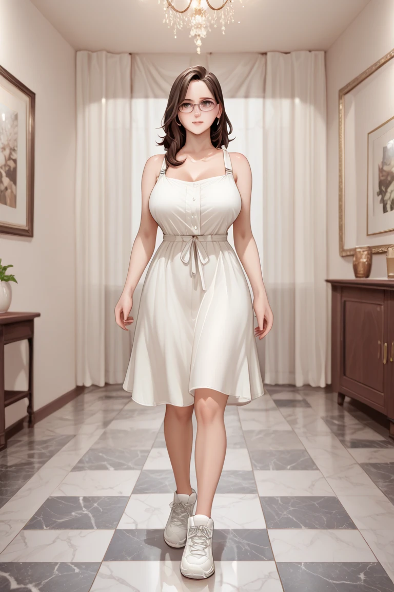 masterpiece,best quality,absurdres,photorealistic,mature female,sagging breasts,<lora:meijing:0.6>,brown_hair,brown_eyes,long_hair,large_breasts,single_braid,cleavage,hair_over_shoulder,long dress,