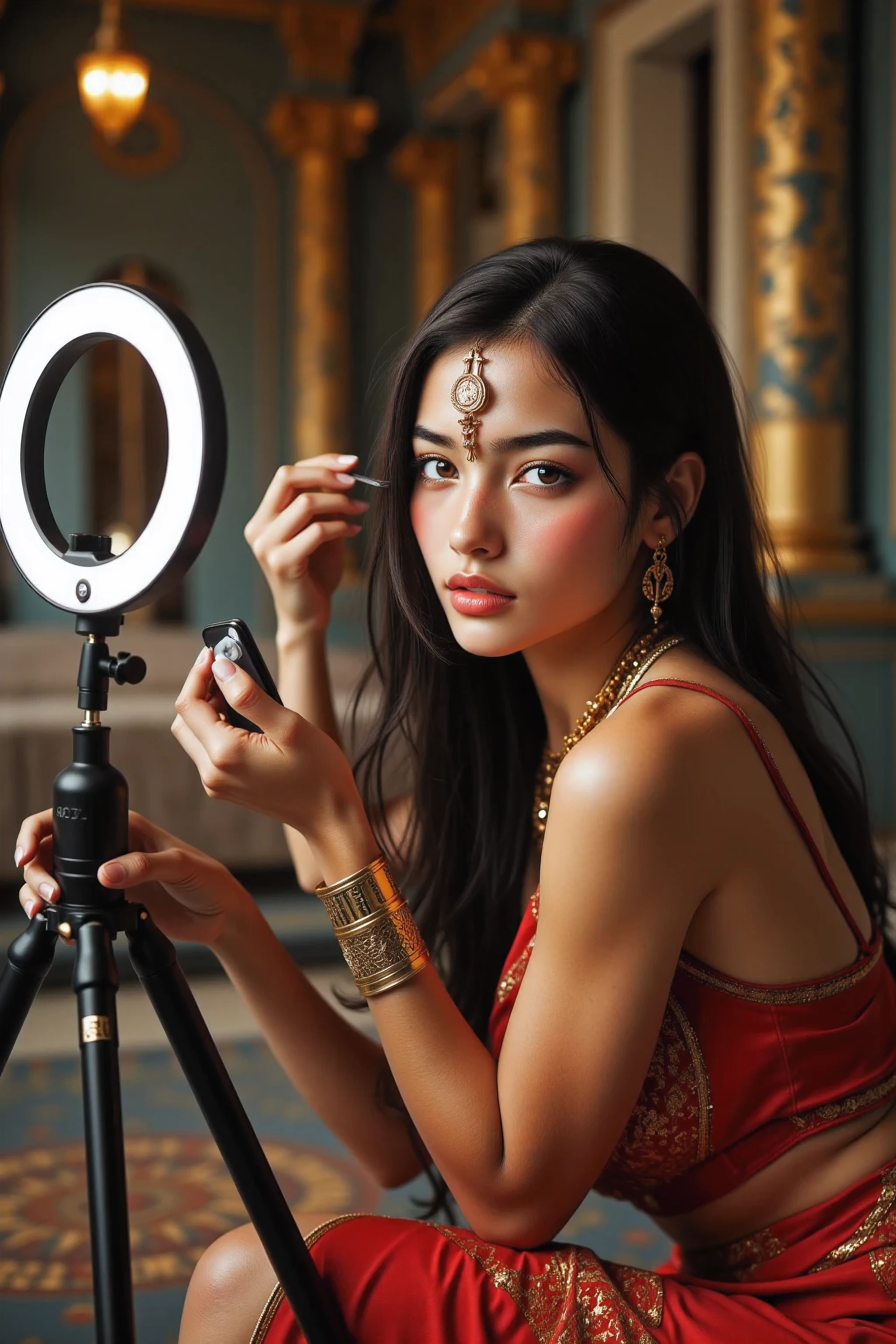 depict of The mix of modern technology and historical surroundings creates a striking contrast. , dressed in regal Egyptian attire, she has tanned reddish skin tone but not black, she sits elegantly before a smartphone camera with a modern ring light mounted on tripod. She is applying makeup, demonstrating beauty techniques with a confident expression. The background setting is her bedroom in a grand palace adorned with hieroglyphs, golden artifacts, and ornate columns, capturing the essence of ancient Egypt.