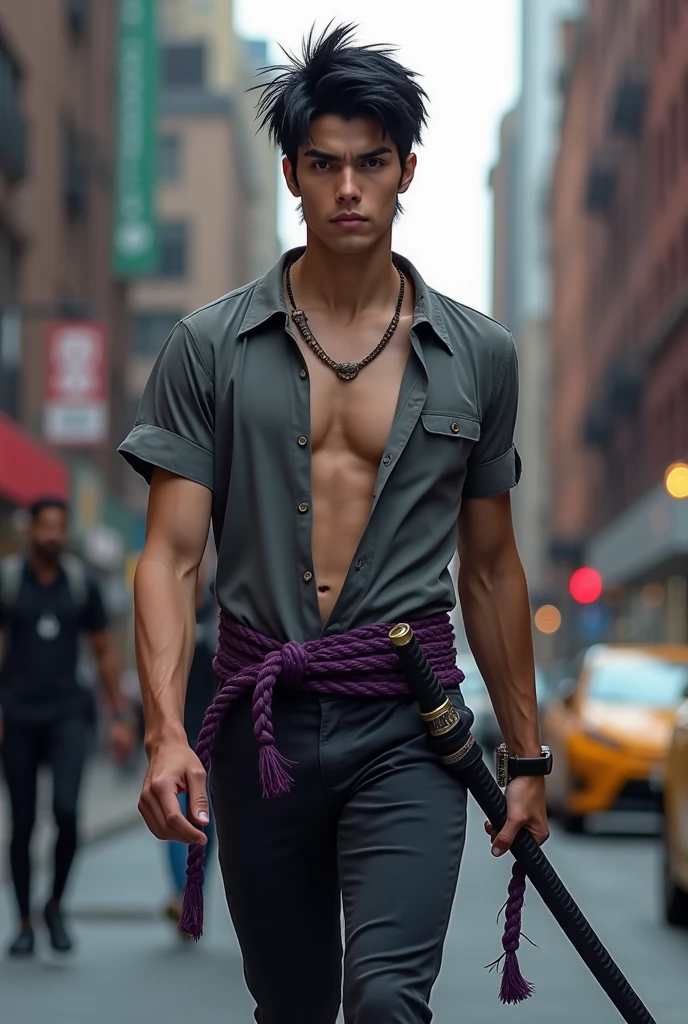 20 year old boy dark brown hair with goggles held on his neck green scarf tied on his arm open purple jacket and green shirt torn blue jeans looking straight at the viewer in an alley background with graffiti with a piercing in his eyebrow gloves green fingerless build slim muscular man holding a blue spray can