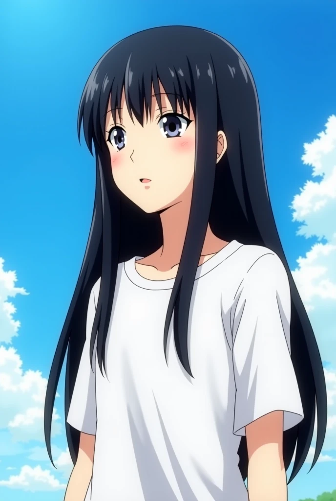 anime girl with long black hair and white shirt standing in front of a blue sky, hinata hyuga, hinata hyuga from naruto, from naruto, inspired by Maki Haku, kotegawa yui, inspired by Kusumi Morikage, as an anime character, she has black hair, she has black hair with bangs, shikamimi