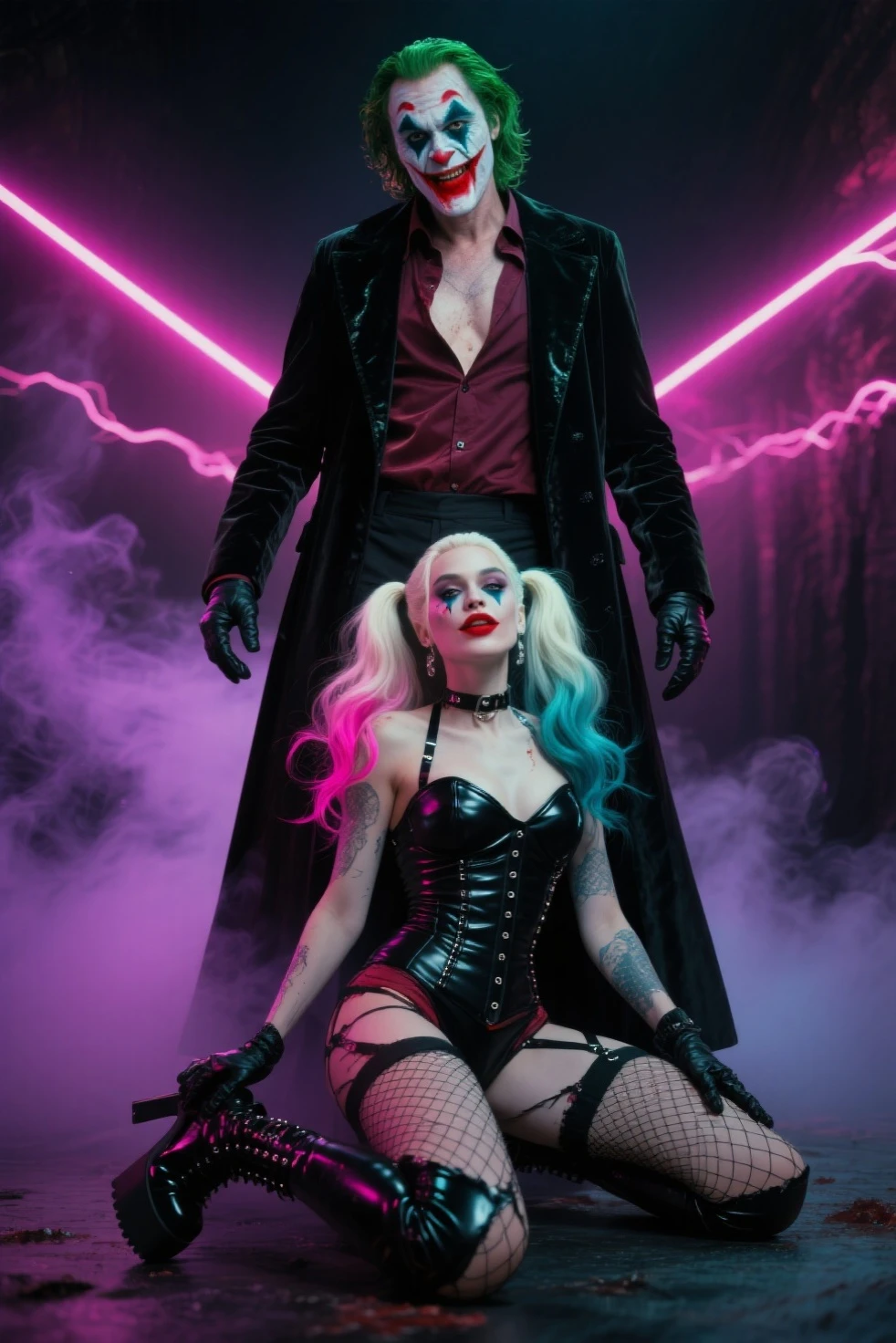 Dove Cameron and Aaron Johnson, cyberpunk, Goth, futuristic, purple