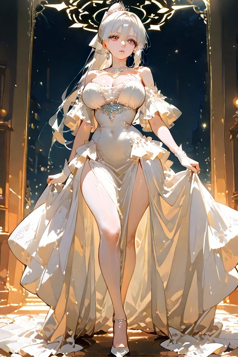 Adult woman with long white hair, dark skin, huge breasts and red eyes,Bare arms,Golden Crown,necklace,Gold ornaments,white evening dress,Bare legs,sandals,White Rose,Standing,desert,river