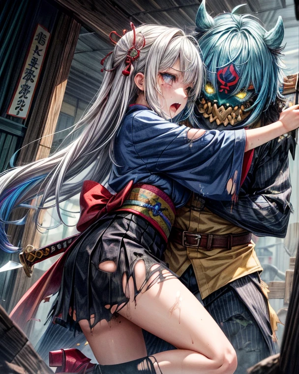 (((woman))), (((best qualityer))), (((tmasterpiece))), (((AS-Adult))), ((( Japanese ))), Look up from your knees, A beautiful asian samurai woman with perfect body, Modern samurai, ((( Asian))), Wear gloves on your hands,The left arm is made of steel and metal tips,Made of protective devices, The eyes are pulled, (( Appears below the breast )), (( Small dental floss )), Simon Bisley, Almost naked(Simon Bisley)Castle City Wilderness,For high-resolution posters, hair straight, Minimum clothing, armure (Crazy clothes ), Full of tips and rivets, tribal tattoos, (((full bodyesbian))), Straight brunette hair,Colored hair ends