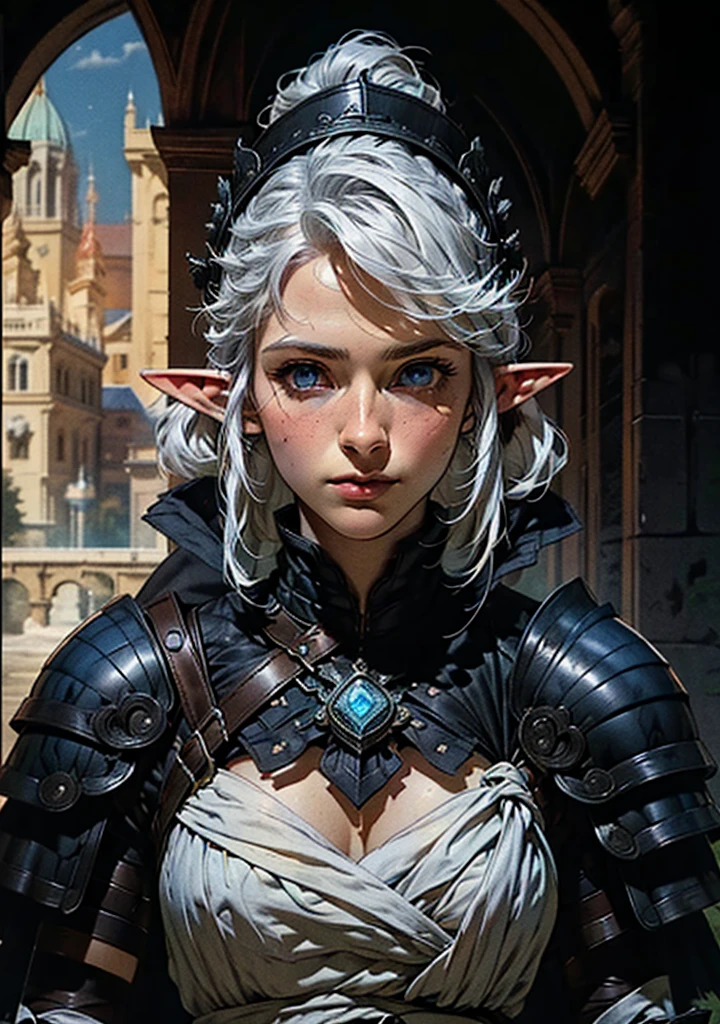 An albino woman with short curly hair, injured face, looking ahead with a fearful expression, bleeding nose, with two sheep-like ears, detailed facial features, photorrealistic, dark background, she seems to be protecting something, grinding your teeth, signs of aggression, high resolution, 8K, cinematic lighting, dramatic shadows, lifelike textures, gothic architecture, temperamental atmosphere, dark colours, dramatic contrast