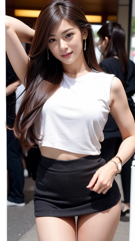 (8k, Best Quality, Masterpiece:1.2), (Realistic, Photorealistic:1.37), Ultra Detailed, Beautiful Detailed Image, City Street, Sunny Sky, Big Breasts, Beautiful Fine Eyes, Long Hair, Floating Hair, Cute, Smile, Back Appearance, Beautiful Woman Looking Back,Full Body,Beautiful Legs,Two Beautiful Office Ladies,Very Fine Face and Skin Texture,Sleeveless White Shirt, Black tight mini skirt, ulzzang-6500-v1.1,