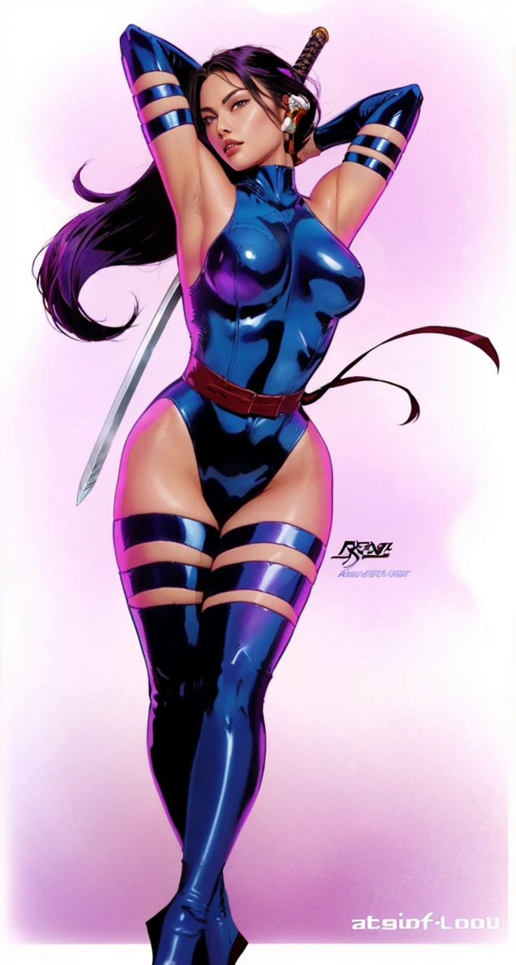 4K, sexy woman, leather suit, muscular body, purple hair, holding katana.