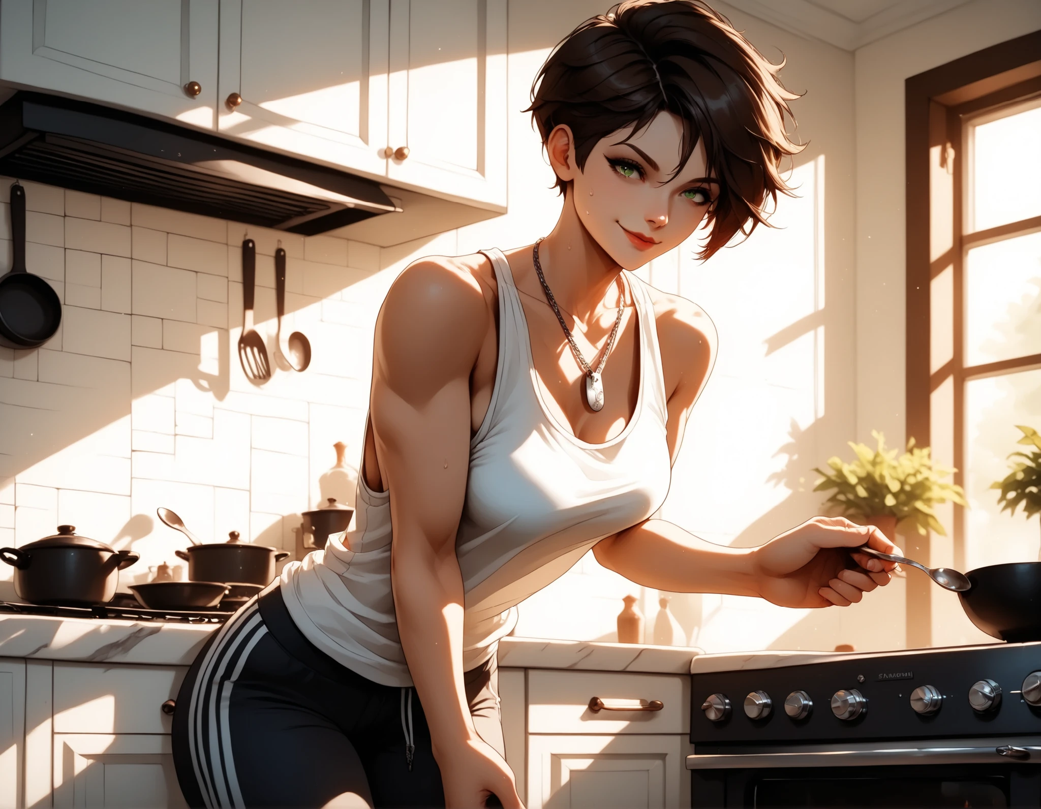 (masterpiece:1.2), (best quality:1.2), ultra detailed, 8k, watercolor, cinematic lighting, volumetric_lighting, rim light, soft shadows, ((forced_perspective)), (Diminishing scale perspective:1.3) BREAK (1girl, pale_skin, soft_glow, green_eyes, brown_hair, short_hair, tomboy, pixie_cut, medium_breasts) BREAK (standing, relaxed_pose, smile) BREAK (tanktop, sweatpants, dogtags) BREAK (indoors, modern_kitchen, evening, cinematic_shadows, stove, holding_spoon, wooden_spoon), (lora:Yandere Queen:0.85), (lora:Detail Tweaker XL:0.65), (lora:Fantasy Western Anime:0.45), (lora:Dark Realism (Anime):1.0), (lora:Dramatic Chiaroscuro:1.0), (lora:Vampire Hunter D Bloodlust Style [Pony XL]:0.3), (lora: lora:Degen_SG_pdxl_v2:1)
