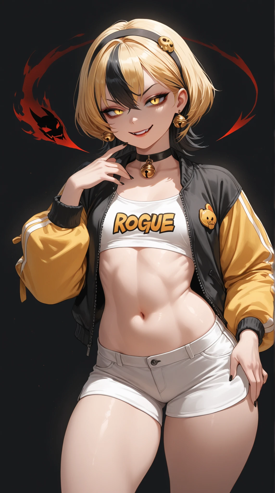 solo, 1girl, (masterpiece), ((16 year old appearance)), fire hair, short hair, ahoje, spiky hair, small breasts, yellow eyes, ((detailed eyes)), (strong body), (simple black cropped), Black jacket with red details, Looking at the screen, orange lipstick, (blurry background), flame effec, visible stomach, oversized black cargo pants, navel, (collarbone)