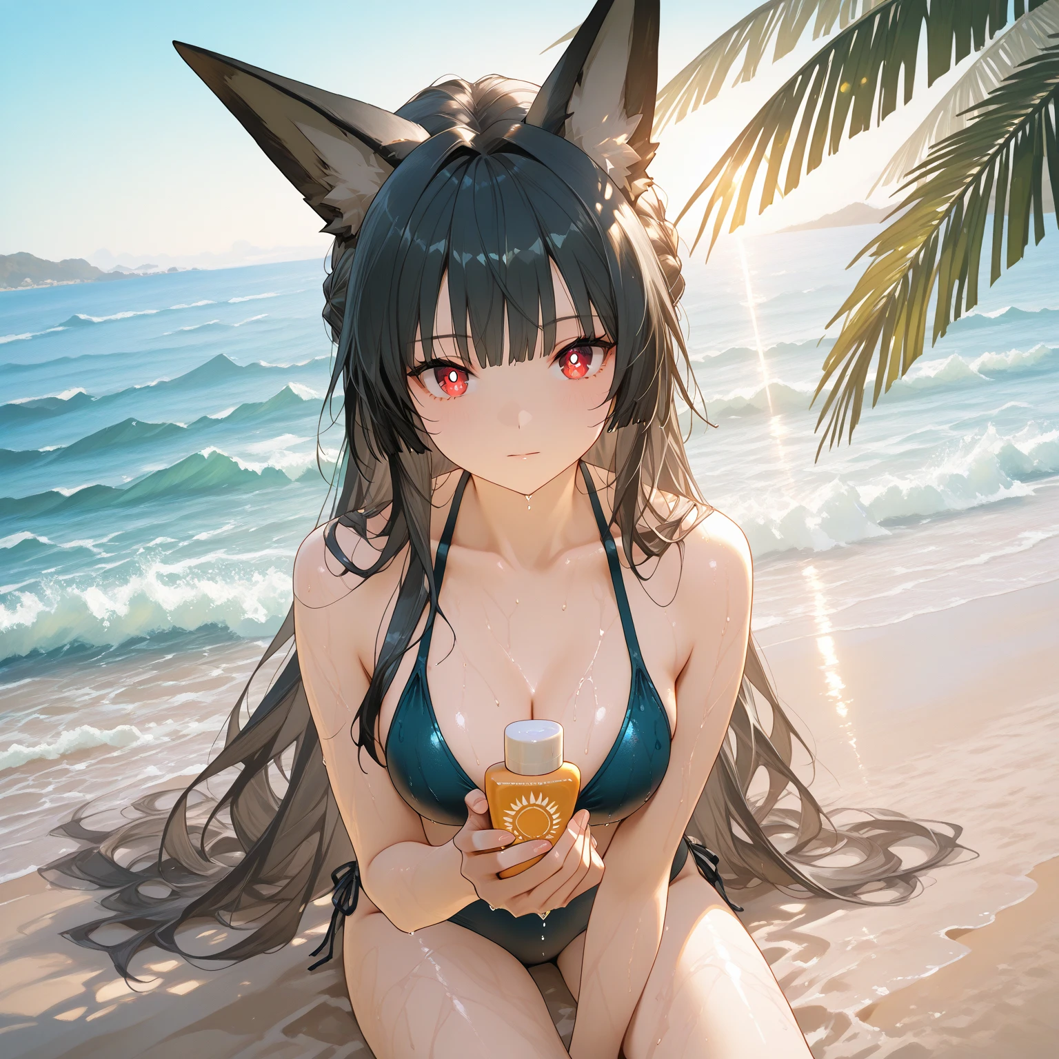 1girl, masterpiece, Atago from Azur Lane, beach, white skimpy bikini, full body shown, very young teenager, extremely skinny, devious smiling face, standing, suggestive hands, black long hair