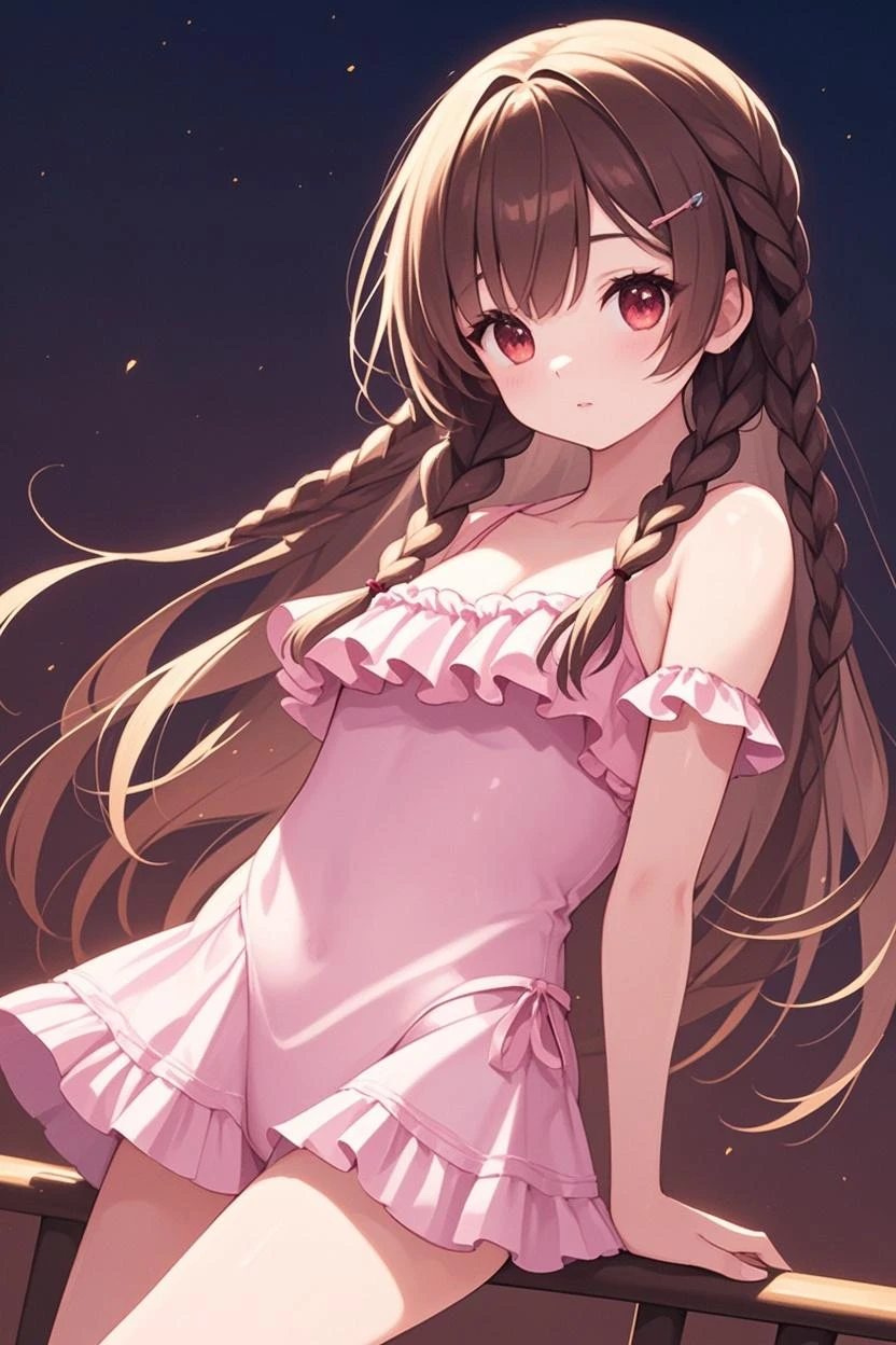 realistic image, coherent image, detailed image, 1 beautiful girl. She has long brown hair, tied up with a comb in the shape of a red flower. Red eyes, long eyelashes. Her face is oval and delicate. smiling. She wears a traditional t-shirt, a pleated mini skirt with lace, and long stockings that cover her legs. She has a curvy body, medium breasts and thick thighs. sitting showing her thighs. surrounded by clothing fabrics, flower petals falling around her. black background, uniform background