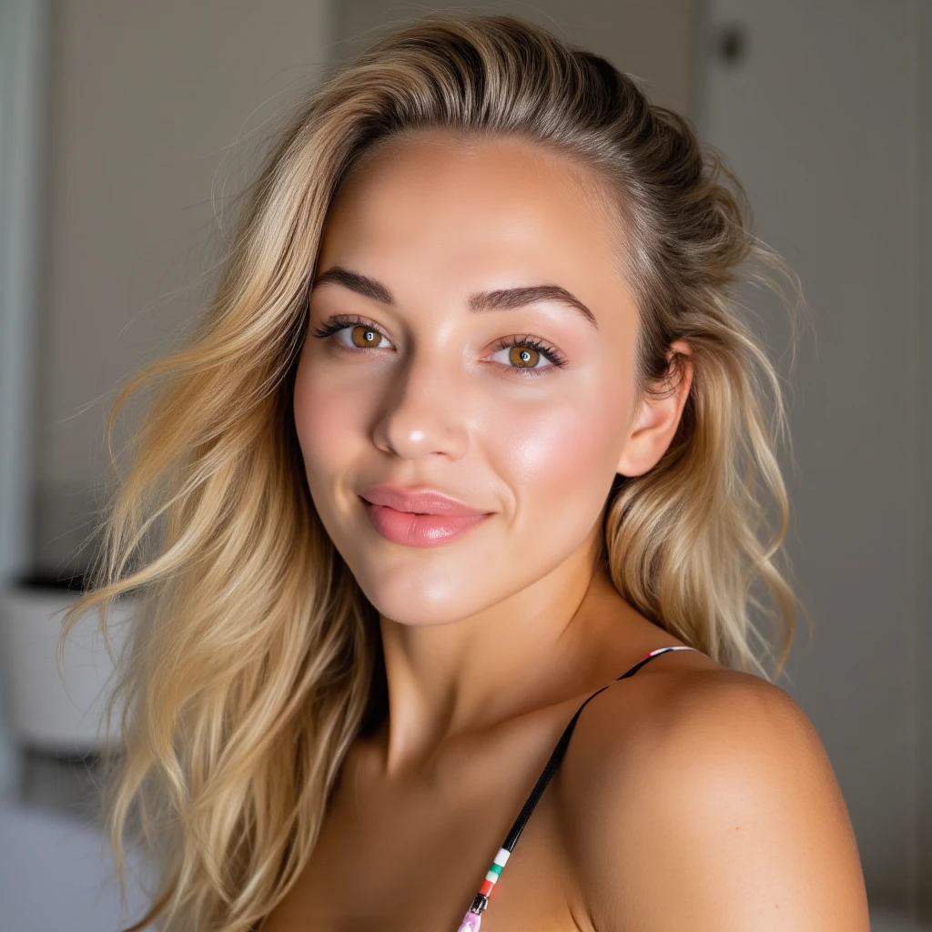 (5 mm fisheye lens) 1 woman, 23 y.o., Ukranian, Beautiful,long hair blonde ((upper body selfie)), Beautiful backlight, masterpiece, Best quality, ultra-detailed, only, sexy, Comfortable, clear sky, analog style (looking at viewer:1.2) (Skin texture) (film grain:1.3), (warm shade, warm tone:1.2), Close up, Cinematic light, Side lighting, Ultra-high resolutions, Best shadows, Upper half of body, Wearing bikini, Relaxed and intimate photos, Long blond hair, Outdoors, Landscapes of hotel Ibiza people, blurred background