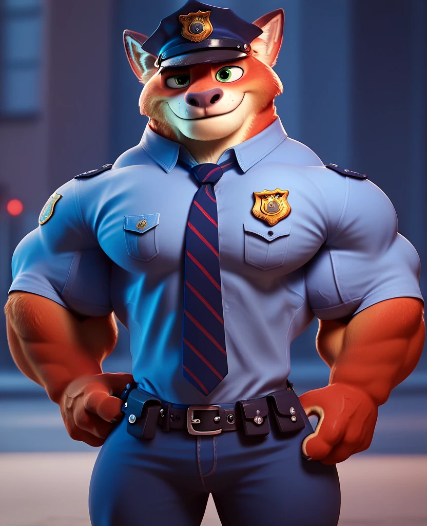 ((best quality)), ((masterpiece)), (detailed),  digital artwork of a  nick Wilde with rock hard abs and a bare midriff wearing a crop top of his long sleeve police uniform with police pants, fox, tail, furry style, anthro style, 