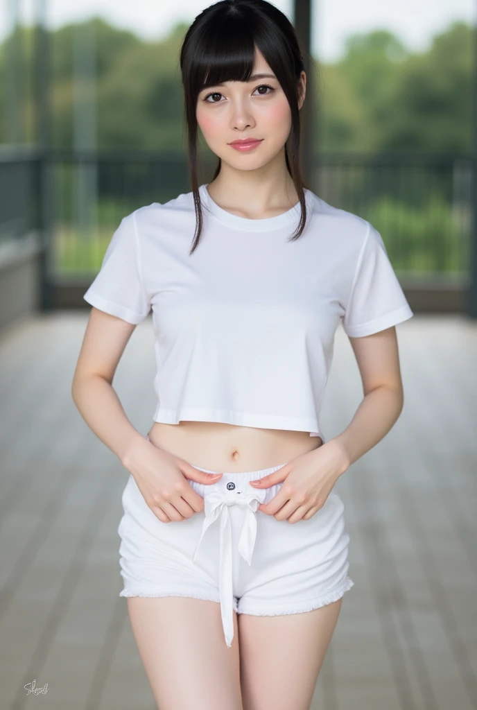 (Beautiful woman enjoying nature),((masterpiece,8k)),(Japanese),(Japanese,26 years old), (slender woman), (Beautiful breasts),Big eyes,double eyelid,Natural Makeup,Thin lips,smile,ponytail,Black Hair,(She is in the nature park),(She has small breasts),(She takes off her bra),(Her chest is pointy), (The nipples are erect),(((She is wearing a T-shirt:1.3,T-shirt wet with sweat:1.3))), ((She is wearing sports tights,Sweaty and damp tights)), (Realistic), (Ray Tracing), (Sharp focus), clavicle, (Detailed face), Natural and realistic skin texture, Soft Face,((Perfect Anatomy:1.4)),(You can see her slender body in its entirety.:1.3),(Clothes that fit、Sweaty shirt and tights:1.3、Tights that fit around the genitals and buttocks:1.3),((See her from below behind:1.5、Looking at her from below:1.3)),(Tights that reveal the shape of your genitals:1.5),(In a slightly forward leaning position:1.3,I feel like sticking my ass out:1.3)