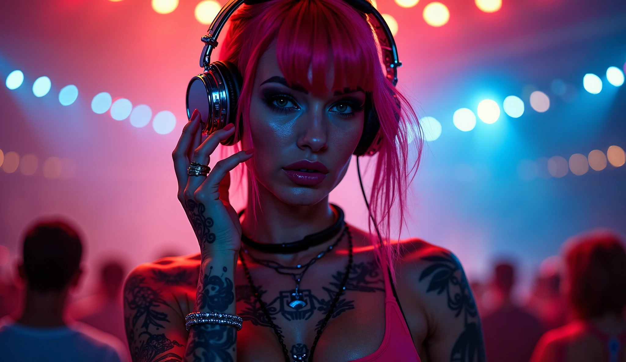 Designer de imagem "Cyberpunk & Realistic". Futuristic depiction of a perfectly tattooed woman with high-tech mechanical prosthetics, long messy pink hair, and headphones. Embrace the cyberpunk aesthetic with neon lights and bright tattoos, maintaining the realistic portrayal of its features. "The lighting" Dynamic neon lighting with natural light sources to highlight cyberpunk tattoos and prosthetics, mantendo sombras e destaques realistas. "Camera positioning" Off-center and close-up camera positioning, Capturing dynamic pose to show off cyberpunk tattoos and high-tech prosthetics in detail. "Paleta de cores" Cyberpunk-inspired color palette with neon tones, rosa fluorescente, e verde brilhante, complemented by realistic skin tones and metallic details for representation of advanced technology.
