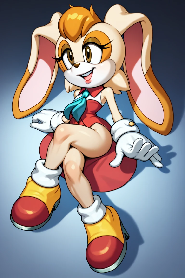 Female, Mobian, Vanilla the rabbit, smile, small breasts, wearing black bikini, sweating, wearing white cartoon gloves, wearing white socks, has thick thighs, on crossed legs, doing a pin up pose,