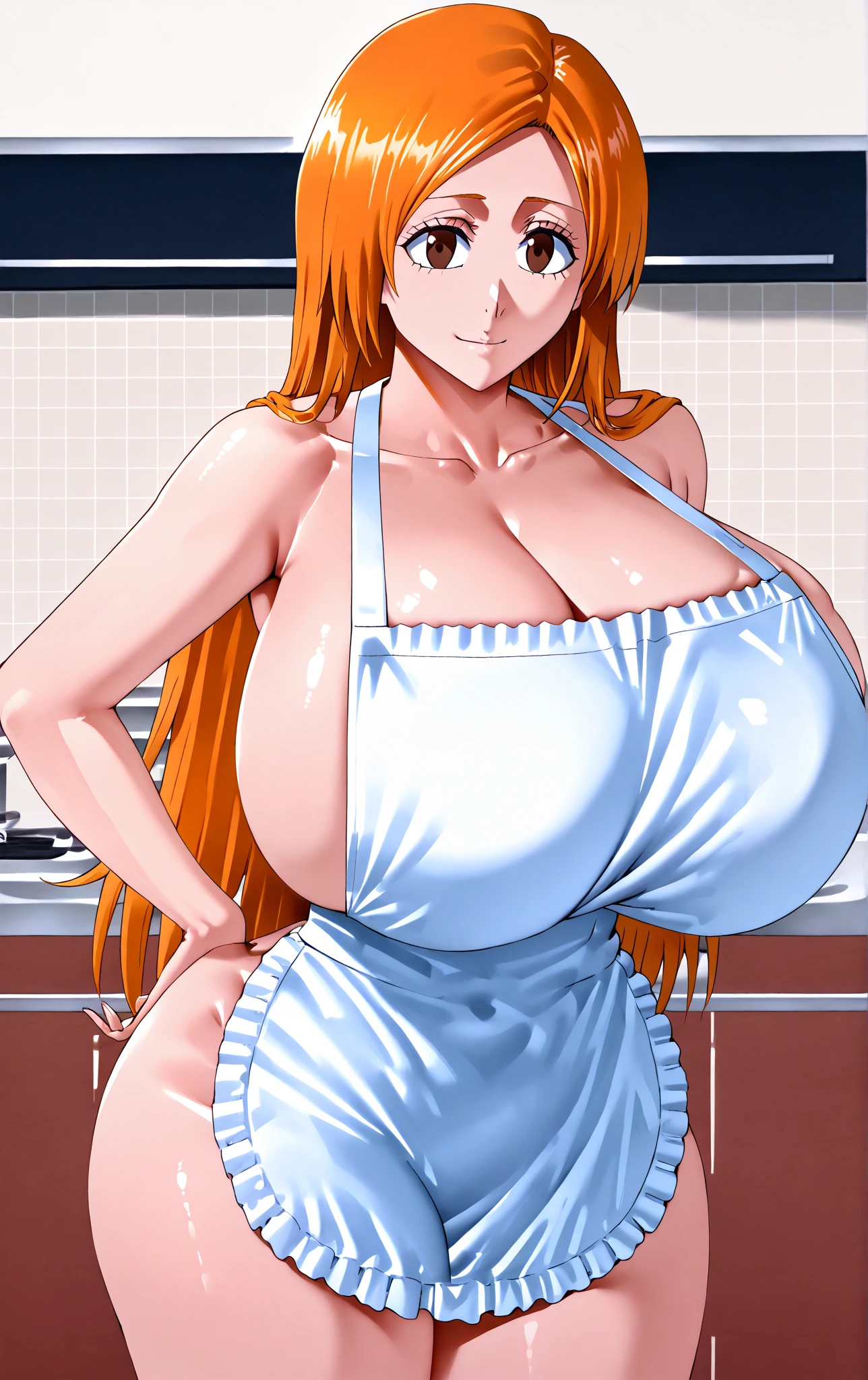Uzumaki_Kushina, big_Breasts, thigh legs, deep cleavage, Acquaintance, Single, Masterpiece, Best quality, Detailed face, Detailed eyes, High accuracy, smiles, (Masterpiece:1.4, Best quality:1.2), (High accuracy), (detailed illustration), Very detailed, Konoha, Uzumaki_Kushina, Kushina white apron, full naked, big breasts, Acquaintance straight,