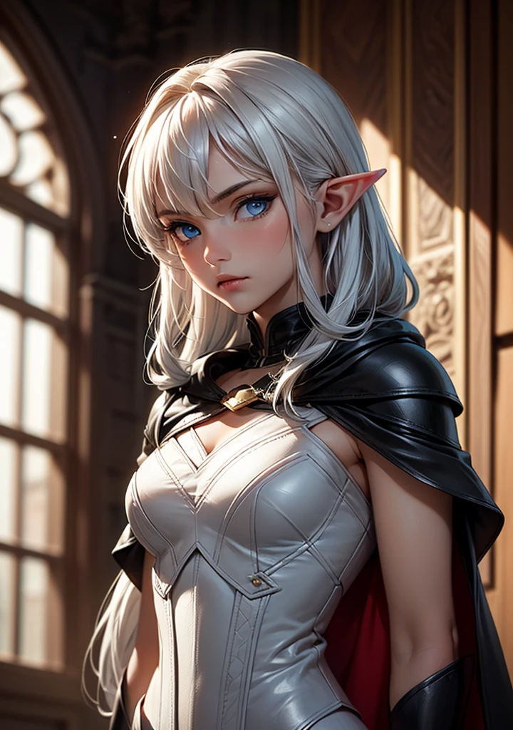 beautiful detailed eyes, beautiful detailed lips, extremely detailed eyes and face, long eyelashes, 1girl, sorceress elf, olive skin, brown eyes, short white hair, wearing dark cloak, ambitious, unfriendly, frown, (best quality,4k,8k,highres,masterpiece:1.2),ultra-detailed,(realistic,photorealistic,photo-realistic:1.37),concept art, dramatic lighting, cinematic, moody colors, dark fantasy, magic