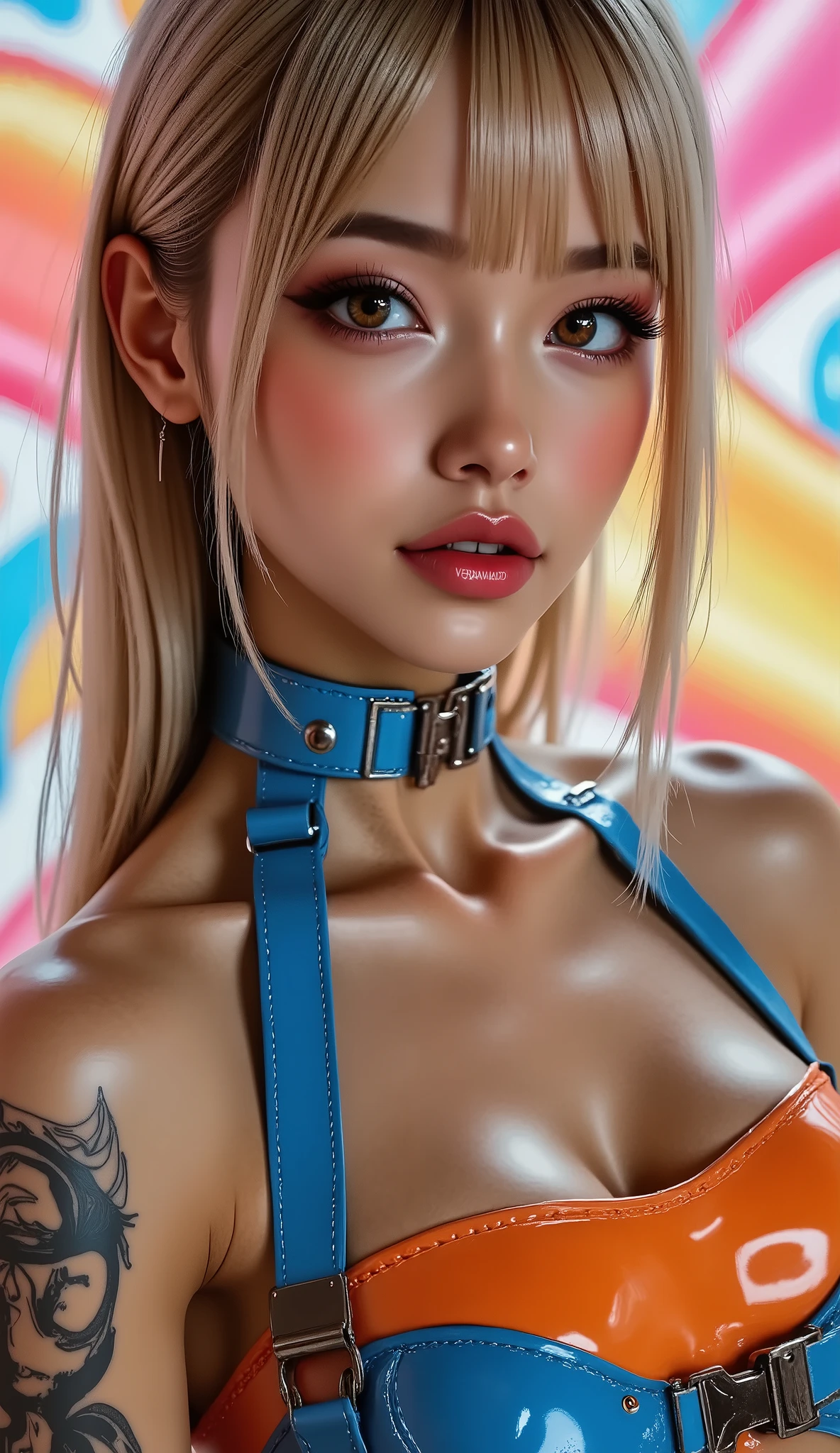  [Style: "masterpiece, realistic, (photo realistic Realism), ultra-detailed, Hyper high resolution"](Key Directive: - ("The priority is the anatomical accuracy and texture of the materials" - "Ultra-sharp human eyes with biological accuracy") { "Eyes: (acid-resistant terminology) (macro-details:1 . 5): * Moist corneal surface (visible aqueous layer:1 . 2) * Hyper-detailed iris stroma ((brown) with gold flecks) * Precise limbal ring (slightly darker pigmentation:1 . 22) * Pupil micro-texture (irregular edge authenticity:0 . 9) * Vasculature in sclera (subtle red veins radiating from limbus)" - "Lashes: blue individual synthetic fibers (crosshatched roots:1 . 2 , clump-free separation)" Technical Specs: (Optics: - "Zeiss Otus85mm f/1 . 4 lens (eye refraction calculations:1 . 3)" - "Shutter Speed:1/500 (freeze eye micro-movements)" - "Focus Stacking:7-point coverage on iris plane") (Post-Processing: - "Frequency separation for skin vs eye details" - "Selective sharpening: eyes200% , hair80%" - "Denoise: luminance20 , color35 (retain corneal speculars)") (Avoid: "pupil distortion , uncanny valley asymmetry , plastic-like wetness") ((beautiful western model:1.8)),(photorealism: 1.4),( hot girl brown skin),(complex and realistic skin texture:1.4), {{"[dynamic pose,portrait full body view, 25yo, skinny, Honeycomb latex outfit "((latex bra:1.4))" blue orange latex harness choker intricated ,complex thin laces stomach harness, tied up,arms tattoo,((micro skirt)), garters,flat chest,angelic cute face,white teeth, perfect beauty, long eyelashes, ((neon pink lips)), oiled skin,(psychedelic background,voronoi backround), hyper realistic and detailed face, ((no blur sharp focus on all body))]"}} 