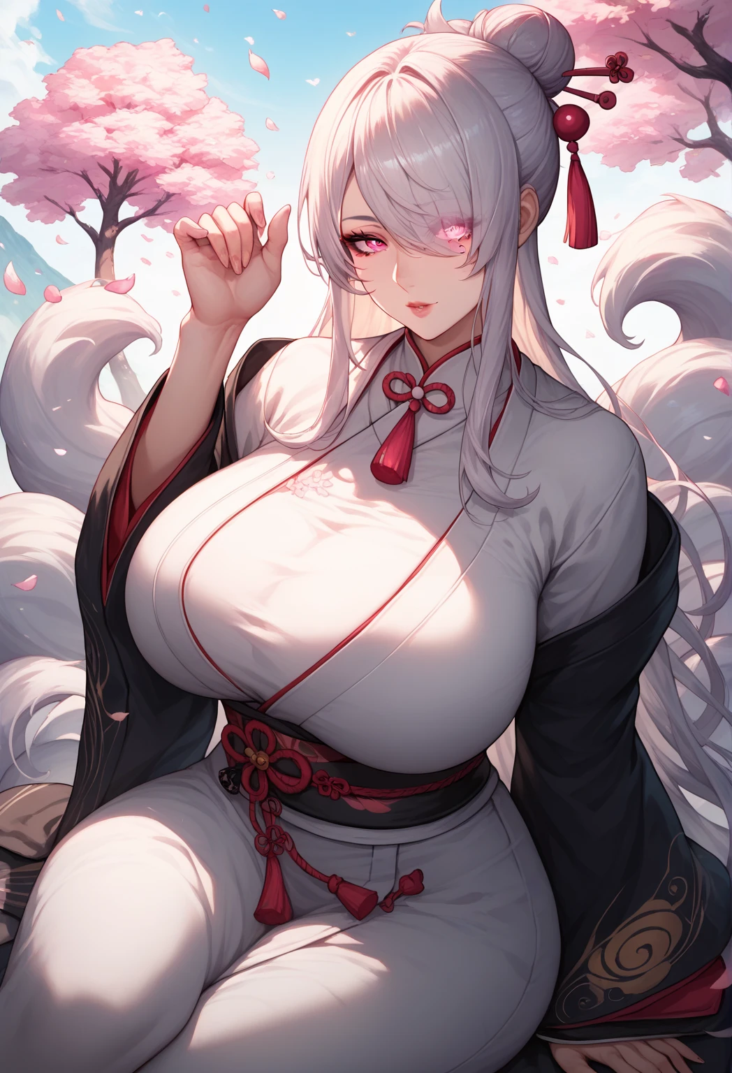 actual, , white hair, big eyes, Smile,open mouth,big breasts,glowing eyes,open lips, blush, daytime,background orc ears,Fox fairy,Kimono decoration,sexy,exposed,charming smile,Half-dressed kimono,white fox ears,White pink fox tail,high thigh slit,,Exquisite background,Mature,red background,Warm colors,red sleeves,Bright colors,white hair,Sense of lens,Lying in bed,Mature women
