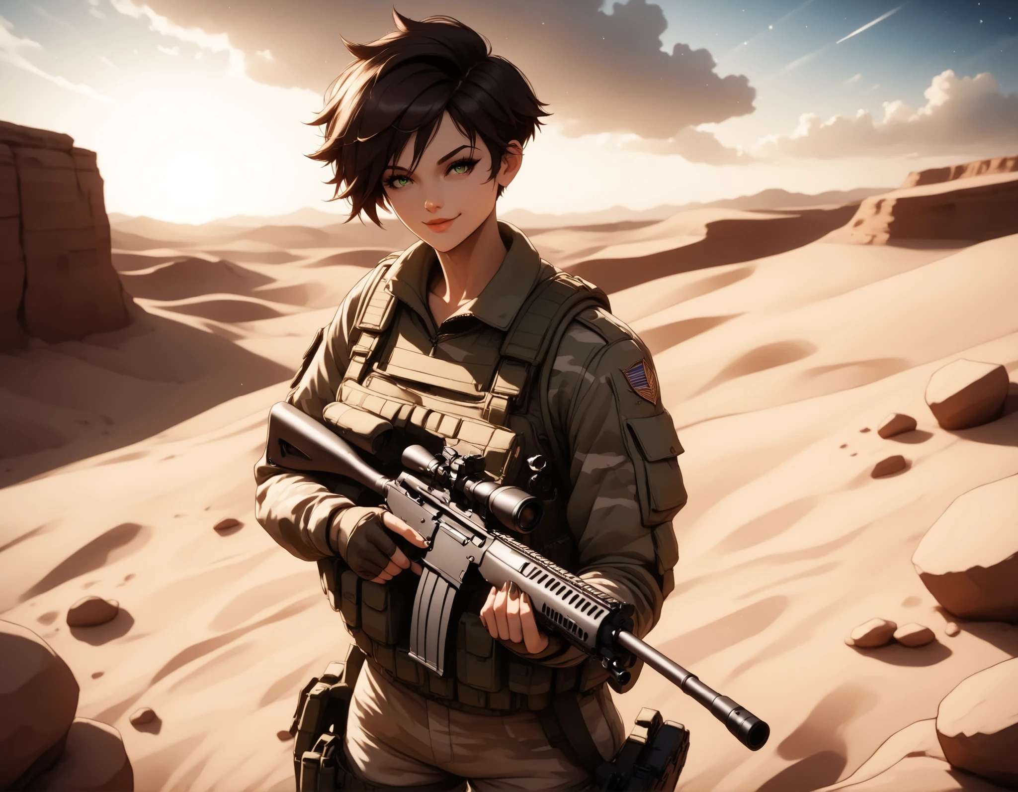 (masterpiece:1.2), (best quality:1.2), ultra detailed, 8k, watercolor, cinematic lighting, volumetric_lighting, rim light, soft shadows, ((forced_perspective)), (Diminishing scale perspective:1.3) BREAK (1girl, pale_skin, soft_glow, green_eyes, brown_hair, short_hair, tomboy, pixie_cut, medium_breasts) BREAK (standing, relaxed_pose, smile) BREAK (army_fatigues) BREAK (outdoors, desert, carrying_combat_rifle), (lora:Yandere Queen:0.85), (lora:Detail Tweaker XL:0.65), (lora:Fantasy Western Anime:0.45), (lora:Dark Realism (Anime):1.0), (lora:Dramatic Chiaroscuro:1.0), (lora:Vampire Hunter D Bloodlust Style [Pony XL]:0.3), (lora: lora:Degen_SG_pdxl_v2:1)
