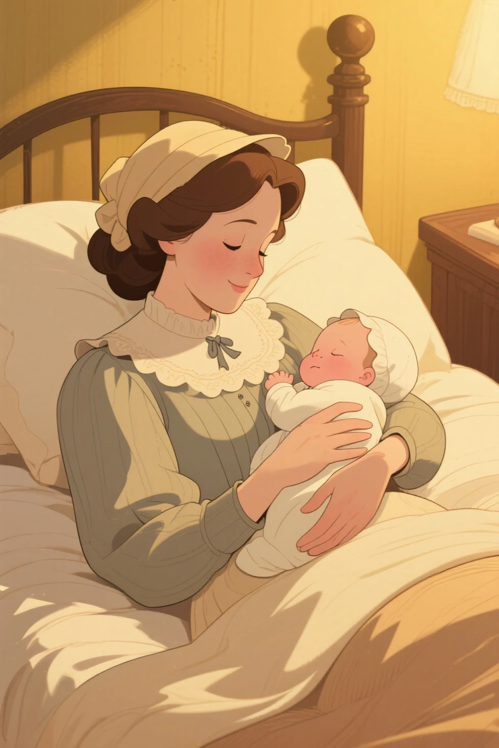 Draw up an emotional illustration of Mary Mother , holding baby Peter in his arms as he rocks his rocking chair on the porch. Ao lado dela, put a Bible open, on a table representing your dedication to sharing divine teachings with your child.
