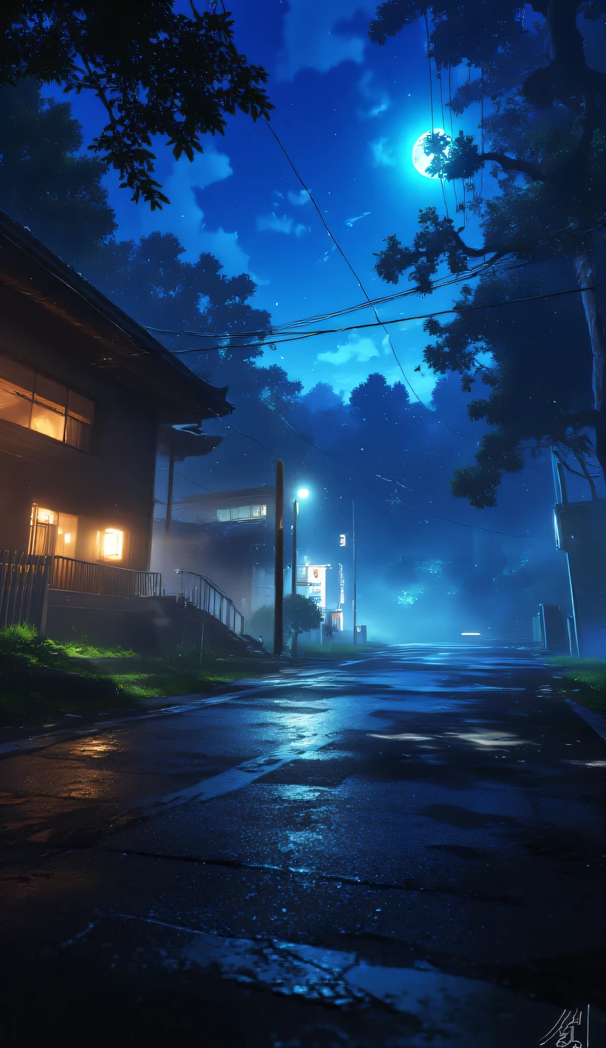 A 3D anime-style rendering of a quiet highway at night, dim warm streetlights reflecting off the slightly wet asphalt, surrounded by pine trees, soft fog gently floating near the ground. The scene viewed from a low roadside angle. Full moon casting bluish shadows, hyper-detailed stars above. Created Using: blender render engine, Studio Ghibli-inspired realism, volumetric lighting, subsurface scattering, hand-painted textures, slow shutter blur effect, subtle DOF, tone-mapped coloring --ar 16:9 --v 6.0