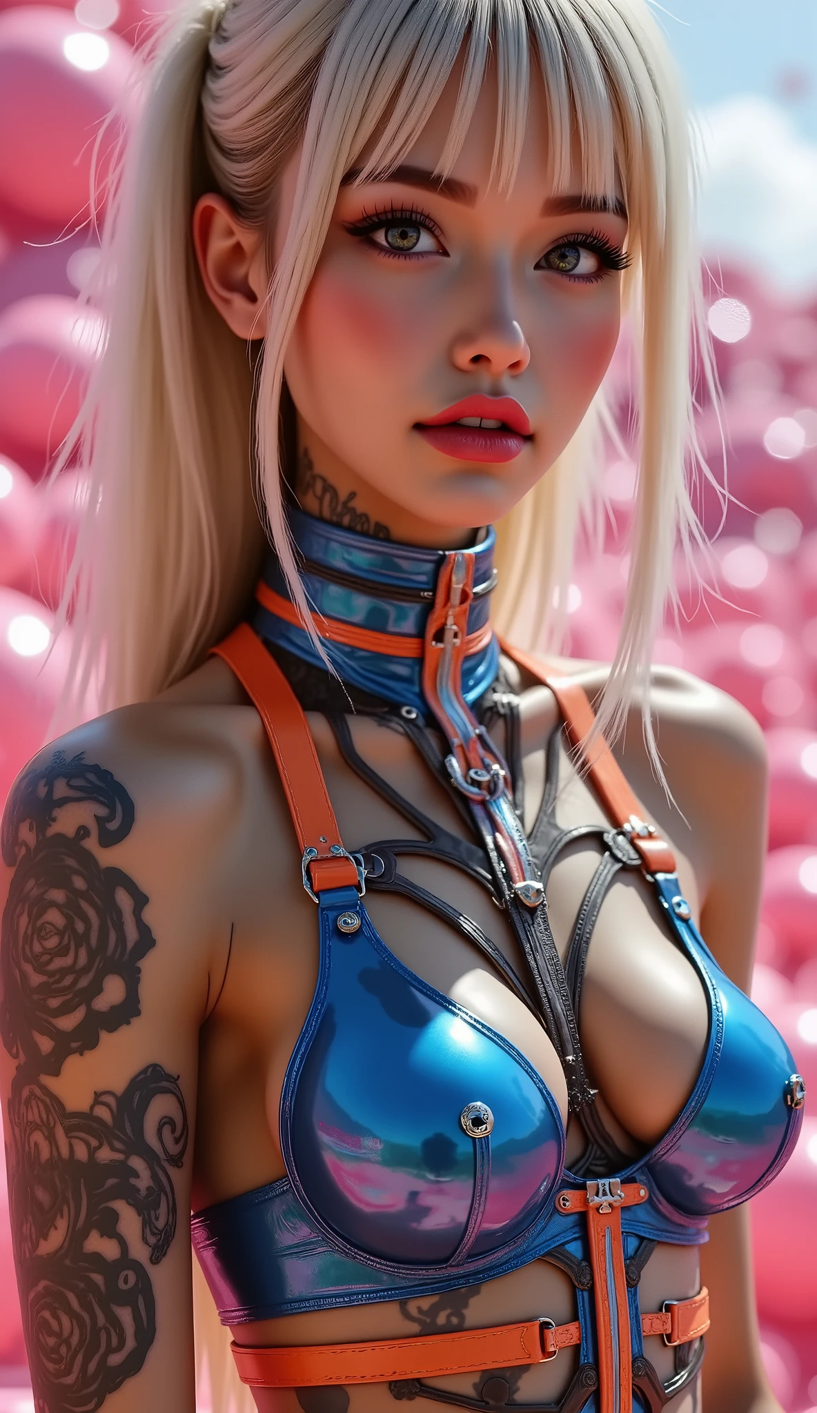  [Style: "masterpiece, realistic, (photo realistic Realism), ultra-detailed, Hyper high resolution"](Key Directive: - ("The priority is the anatomical accuracy and texture of the materials" - "Ultra-sharp human eyes with biological accuracy") { "Eyes: (acid-resistant terminology) (macro-details:1 . 5): * Moist corneal surface (visible aqueous layer:1 . 2) * Hyper-detailed iris stroma ((brown) with gold flecks) * Precise limbal ring (slightly darker pigmentation:1 . 22) * Pupil micro-texture (irregular edge authenticity:0 . 9) * Vasculature in sclera (subtle red veins radiating from limbus)" - "Lashes: blue individual synthetic fibers (crosshatched roots:1 . 2 , clump-free separation)" Technical Specs: (Optics: - "Zeiss Otus85mm f/1 . 4 lens (eye refraction calculations:1 . 3)" - "Shutter Speed:1/500 (freeze eye micro-movements)" - "Focus Stacking:7-point coverage on iris plane") (Post-Processing: - "Frequency separation for skin vs eye details" - "Selective sharpening: eyes200% , hair80%" - "Denoise: luminance20 , color35 (retain corneal speculars)") (Avoid: "pupil distortion , uncanny valley asymmetry , plastic-like wetness") ((beautiful western model:1.8)),(photorealism: 1.4),( hot girl brown skin),(complex and realistic skin texture:1.4), {{"[dynamic pose,portrait full body view, 25yo, skinny, Honeycomb latex outfit "((latex bra:1.4))" blue orange latex harness choker intricated ,complex thin laces stomach harness, tied up,arms tattoo,((micro skirt)), garters,flat chest,angelic cute face,white teeth, perfect beauty, long eyelashes, (neon pink lips), oiled skin,(psychedelic background,voronoi backround), hyper realistic and detailed face, ((no blur sharp focus on all body))]"}} 