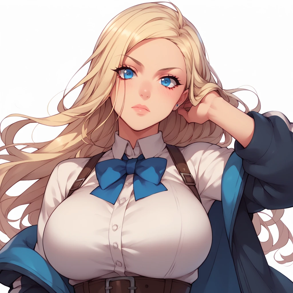 A beautiful woman with long blonde hair, kawaii facial features, partially covered eyes with long bangs, large breasts, blue slanted eyes, (Using a closed brown coat, Elegant coat model covered with buttons attached coat style model (Double breasted trench) soft smile against a white background, her right eye visible and eye color yellow, Elegant wearing a black t-shirt wearing a long, tight black skirt, 